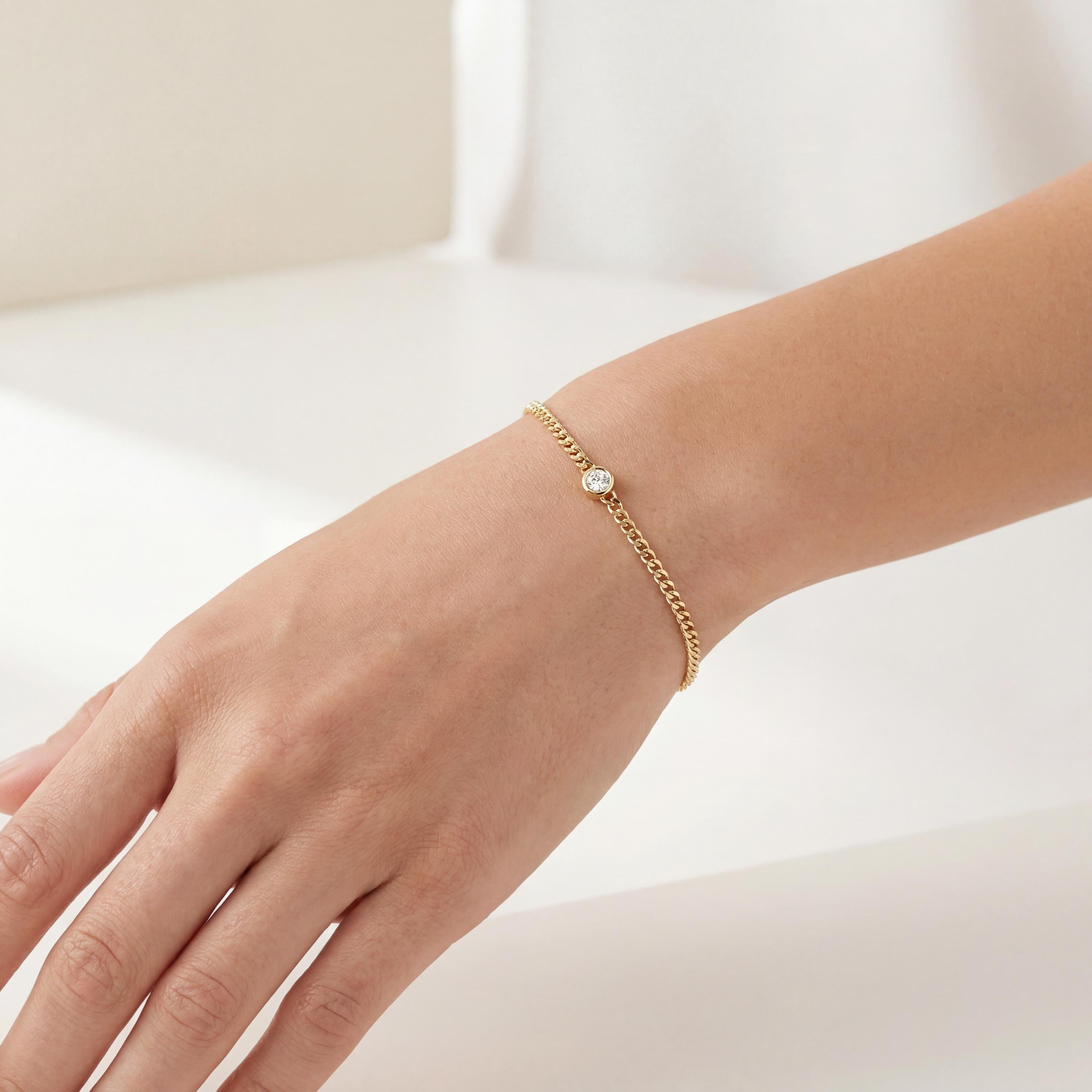 Round Brilliant Cut Bezel Set Diamond Solitaire 14K Solid Gold Cuban Curb Link Bracelet