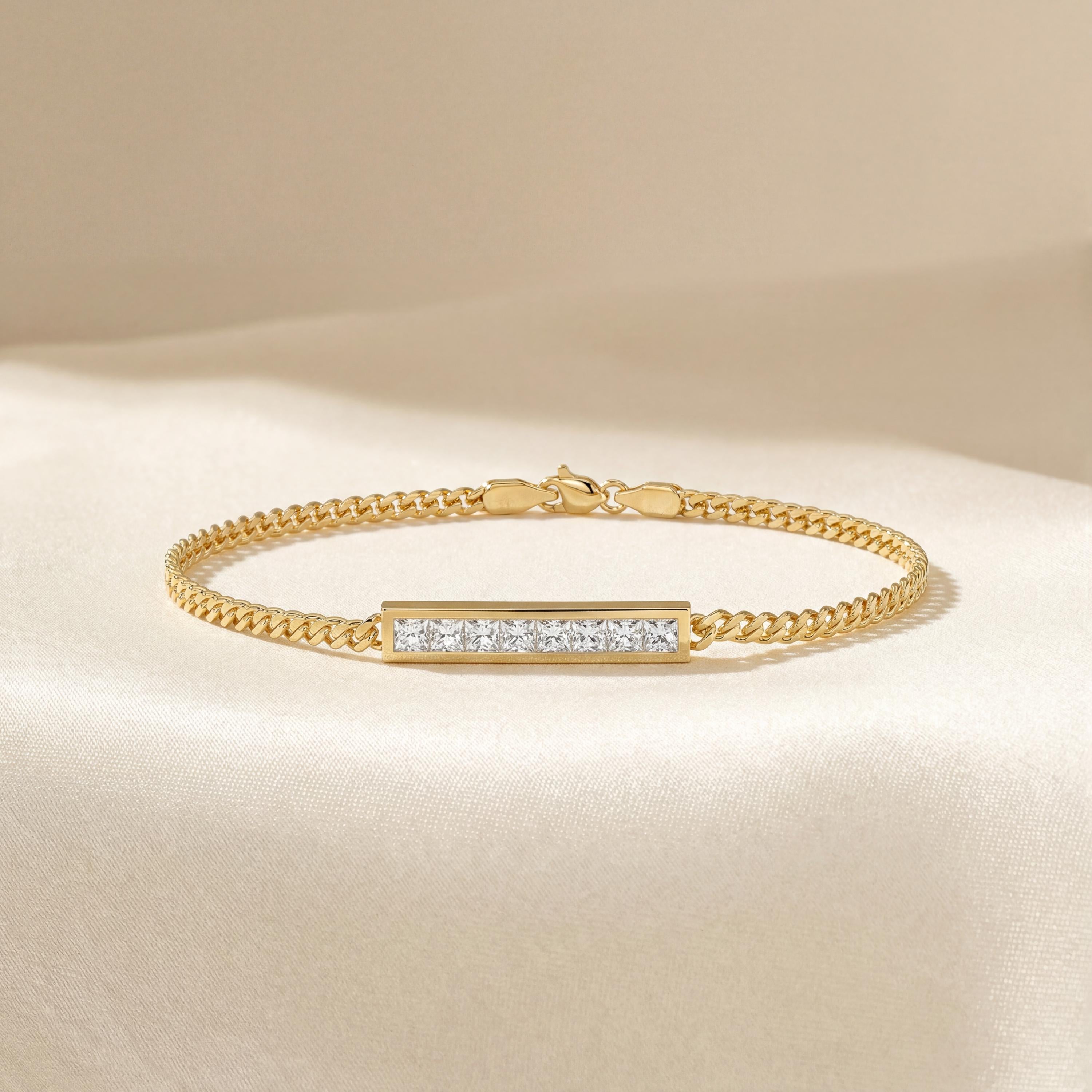 Princess Cut Diamond Bar Set 14K Solid Gold Cuban Curb Link Bracelet