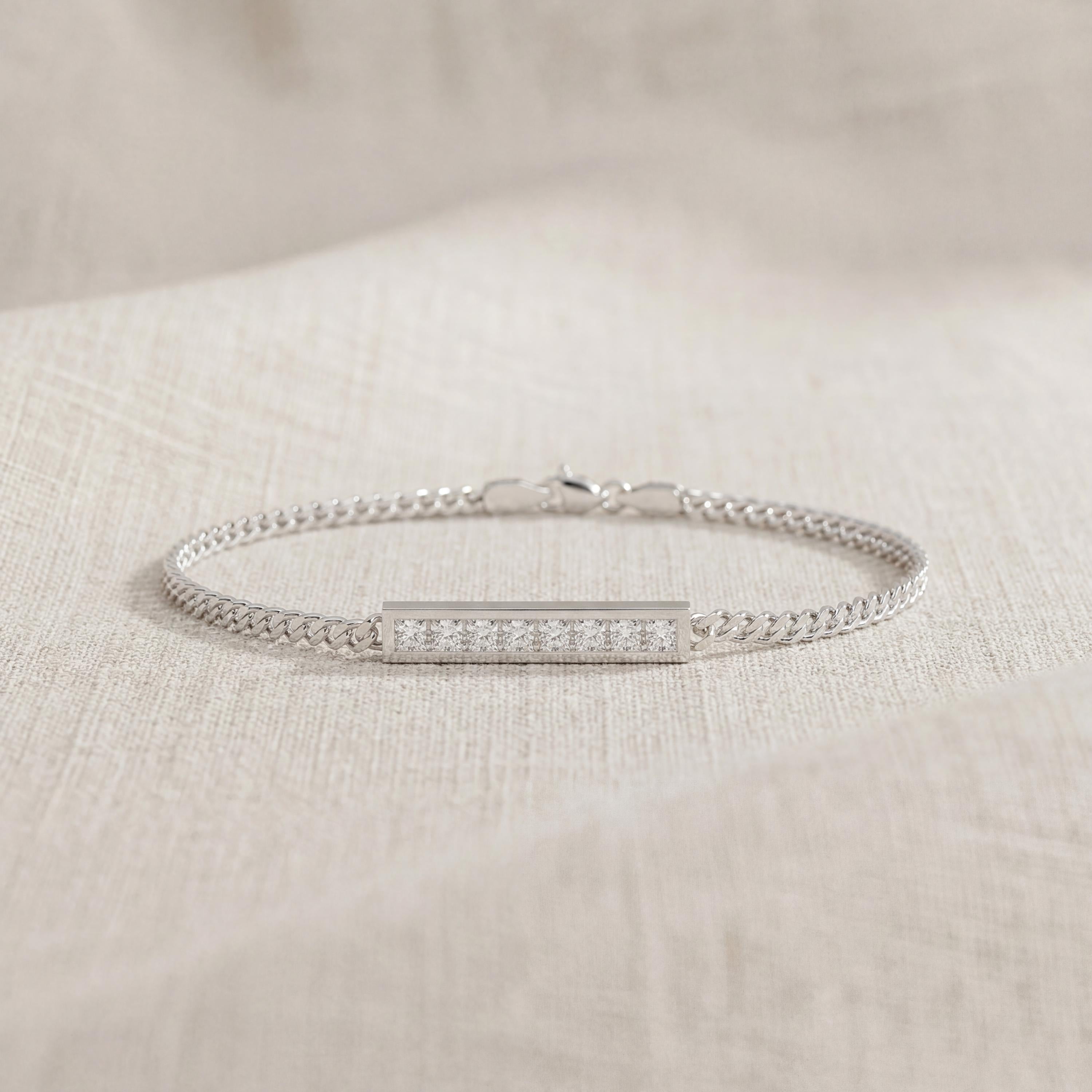 Princess Cut Diamond Bar Set 14K Solid Gold Cuban Curb Link Bracelet