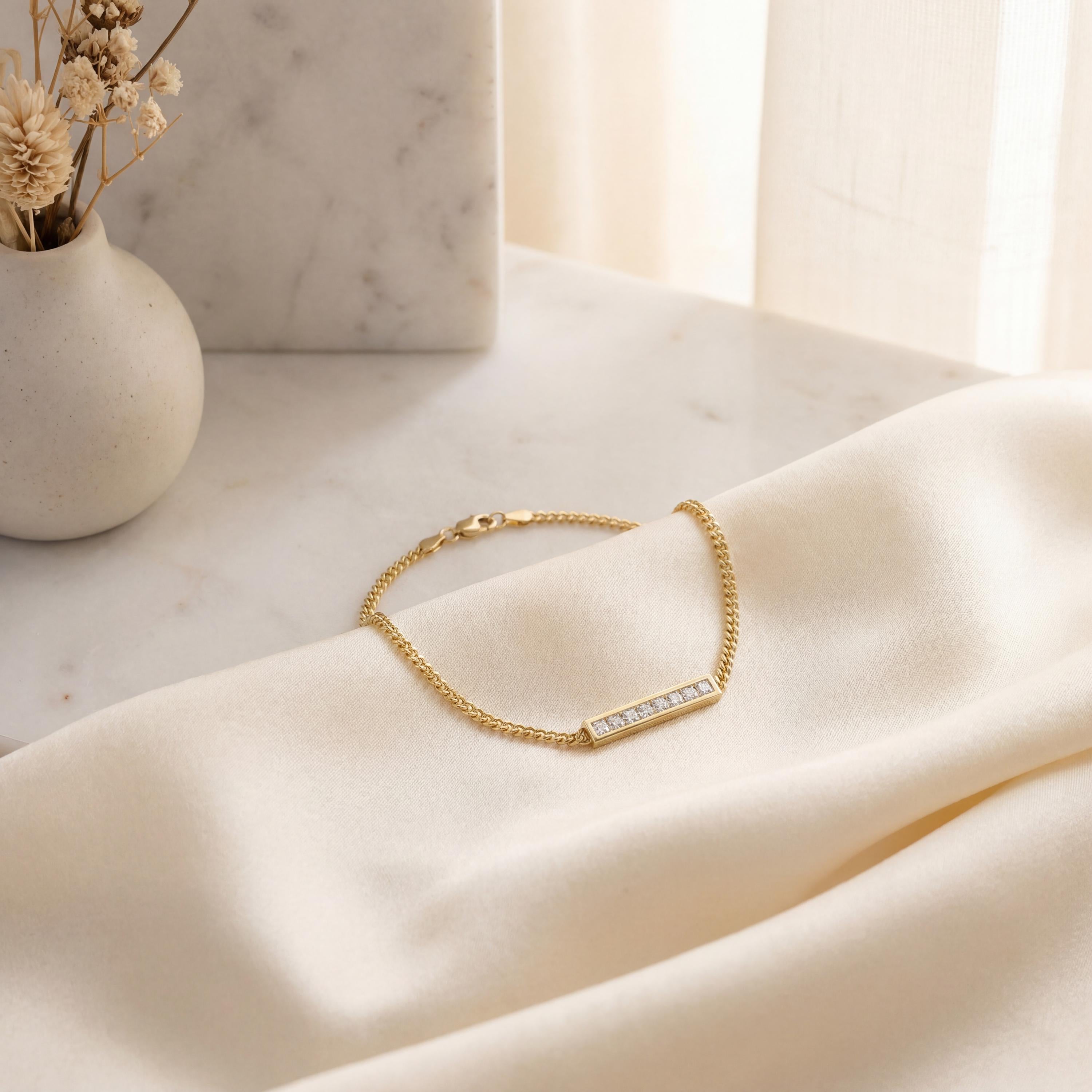 Princess Cut Diamond Bar Set 14K Solid Gold Cuban Curb Link Bracelet