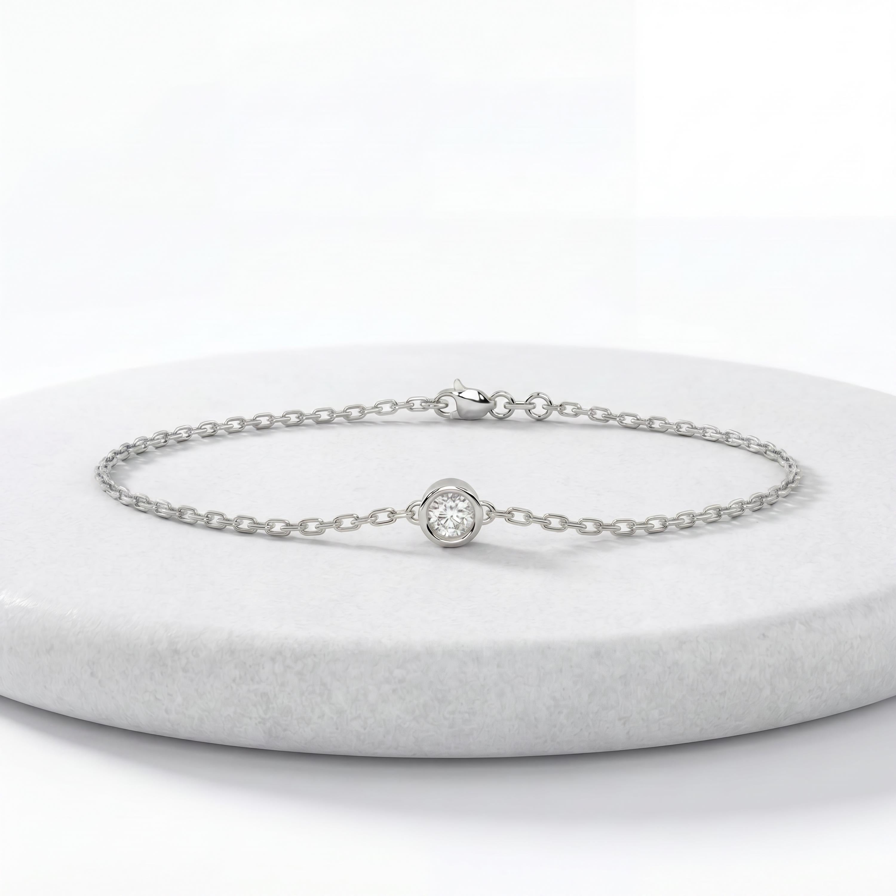 Round Brilliant Cut Diamond Bezel Solitaire Chain Link Bracelet 14K Gold