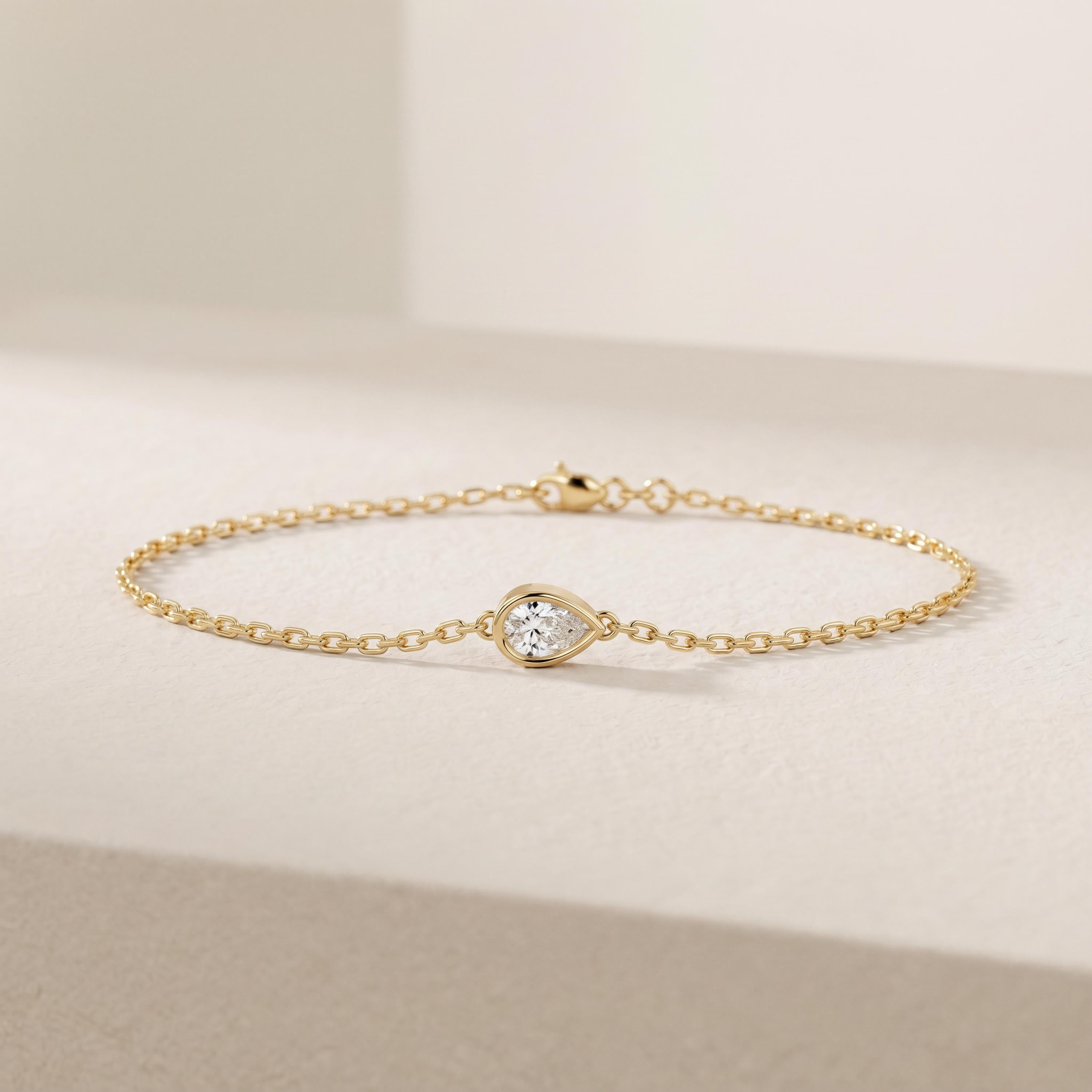 Pear Shape Diamond Bezel Solitaire Chain Link Bracelet 14K Gold
