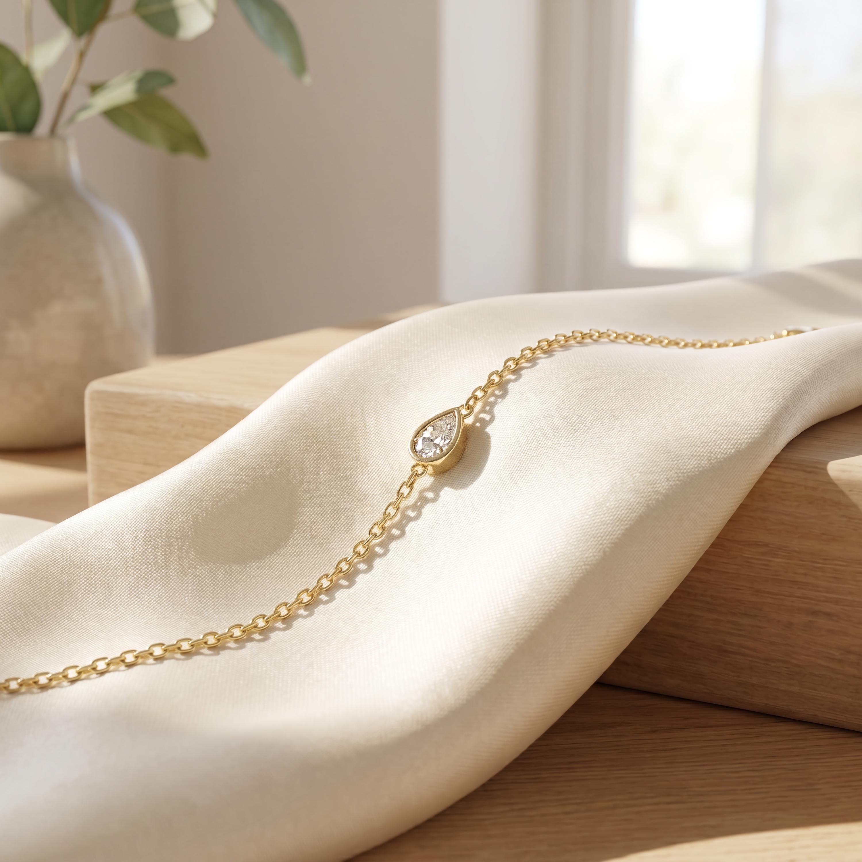 Pear Shape Diamond Bezel Solitaire Chain Link Bracelet 14K Gold