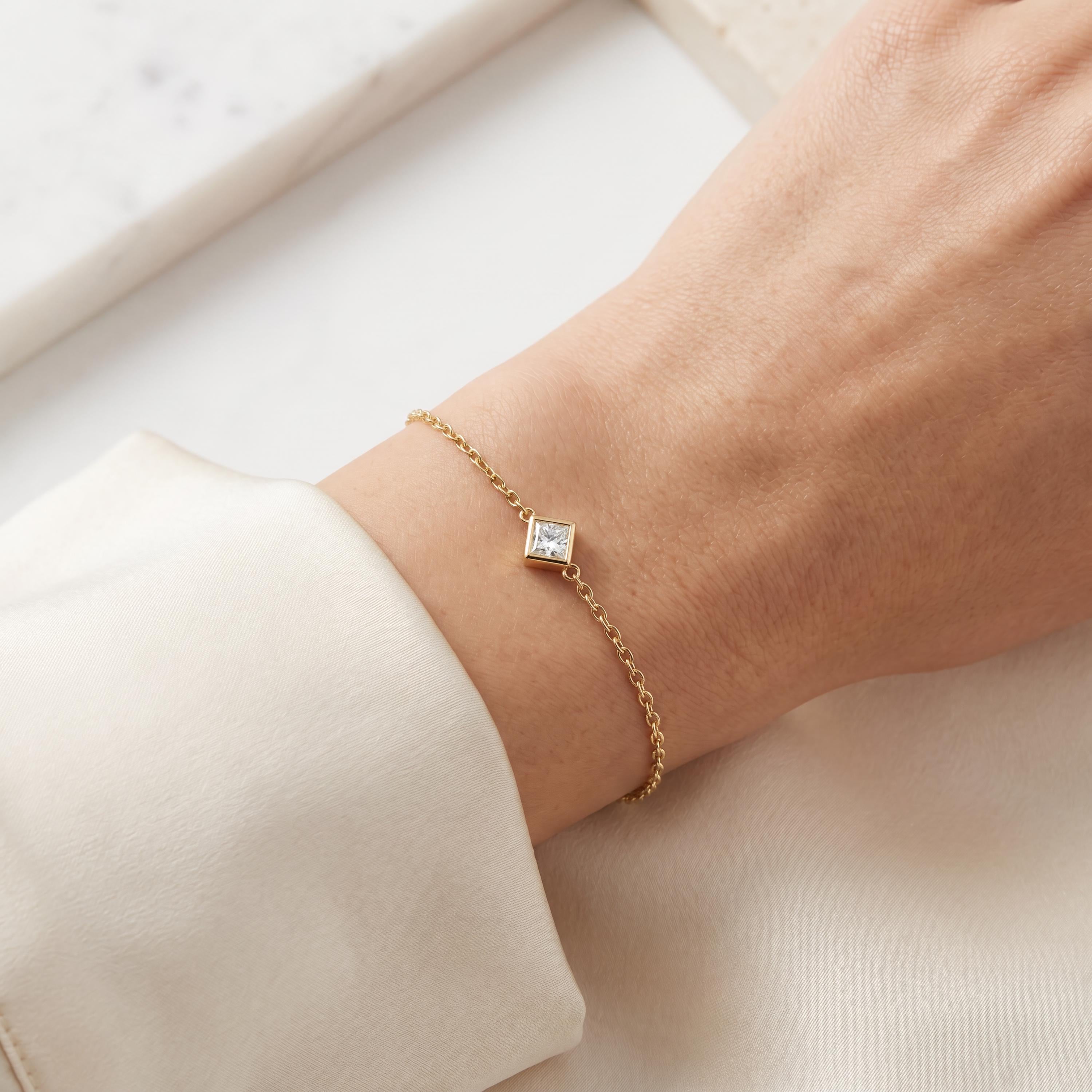 Princess Cut Diamond Bezel Solitaire Chain Link Bracelet 14K Gold