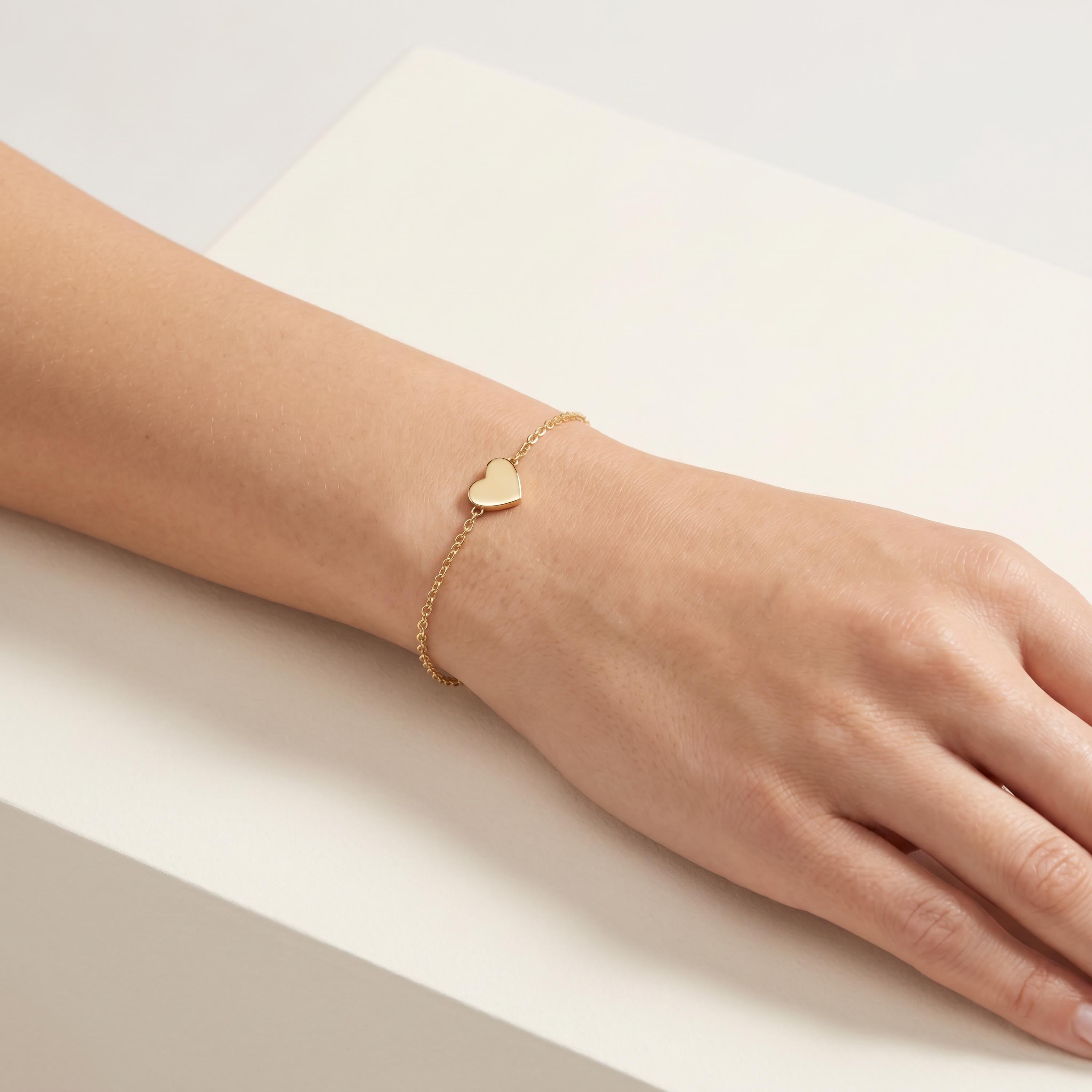 Dainty Heart Chain Link Bracelet 14K Solid Gold