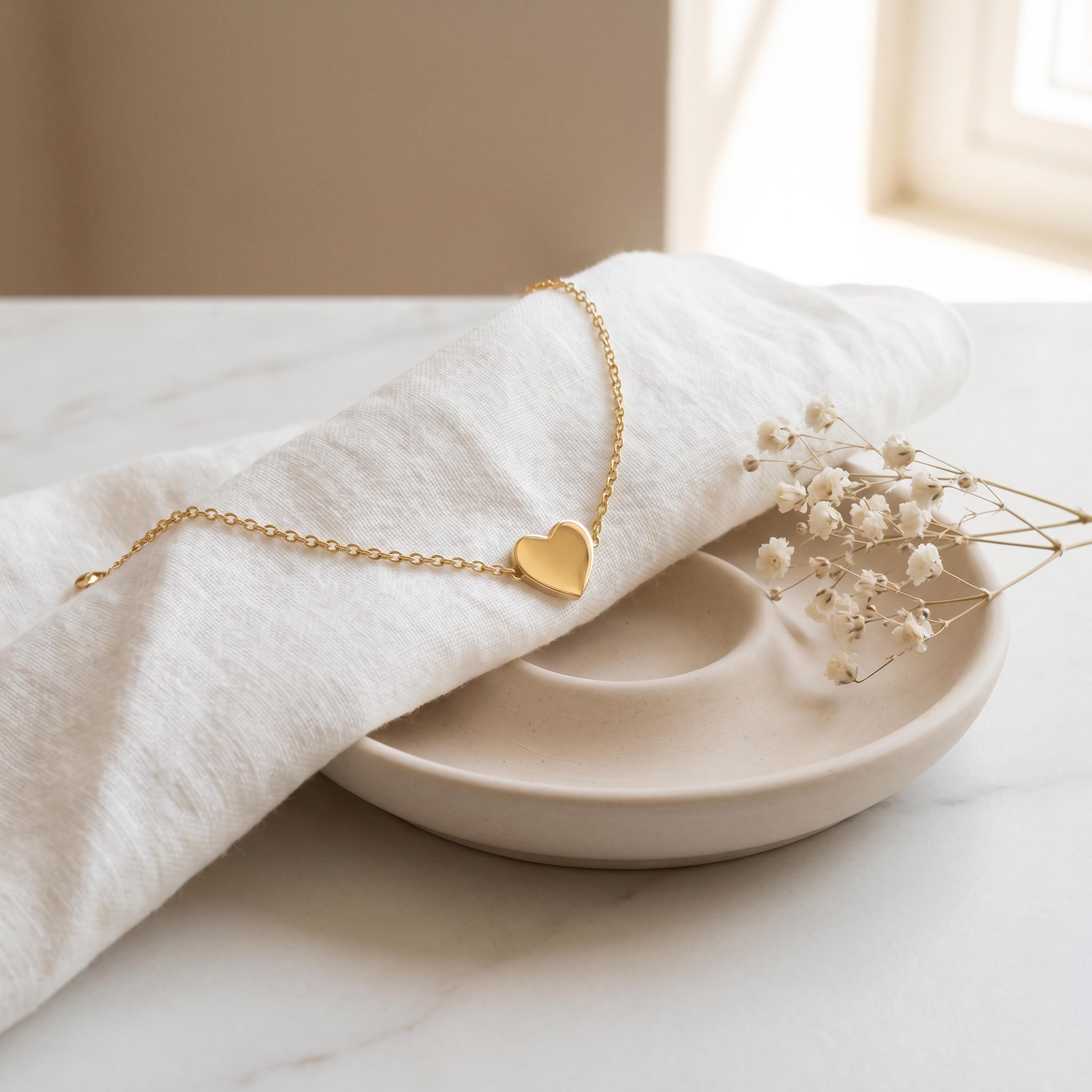 Dainty Heart Chain Link Bracelet 14K Solid Gold