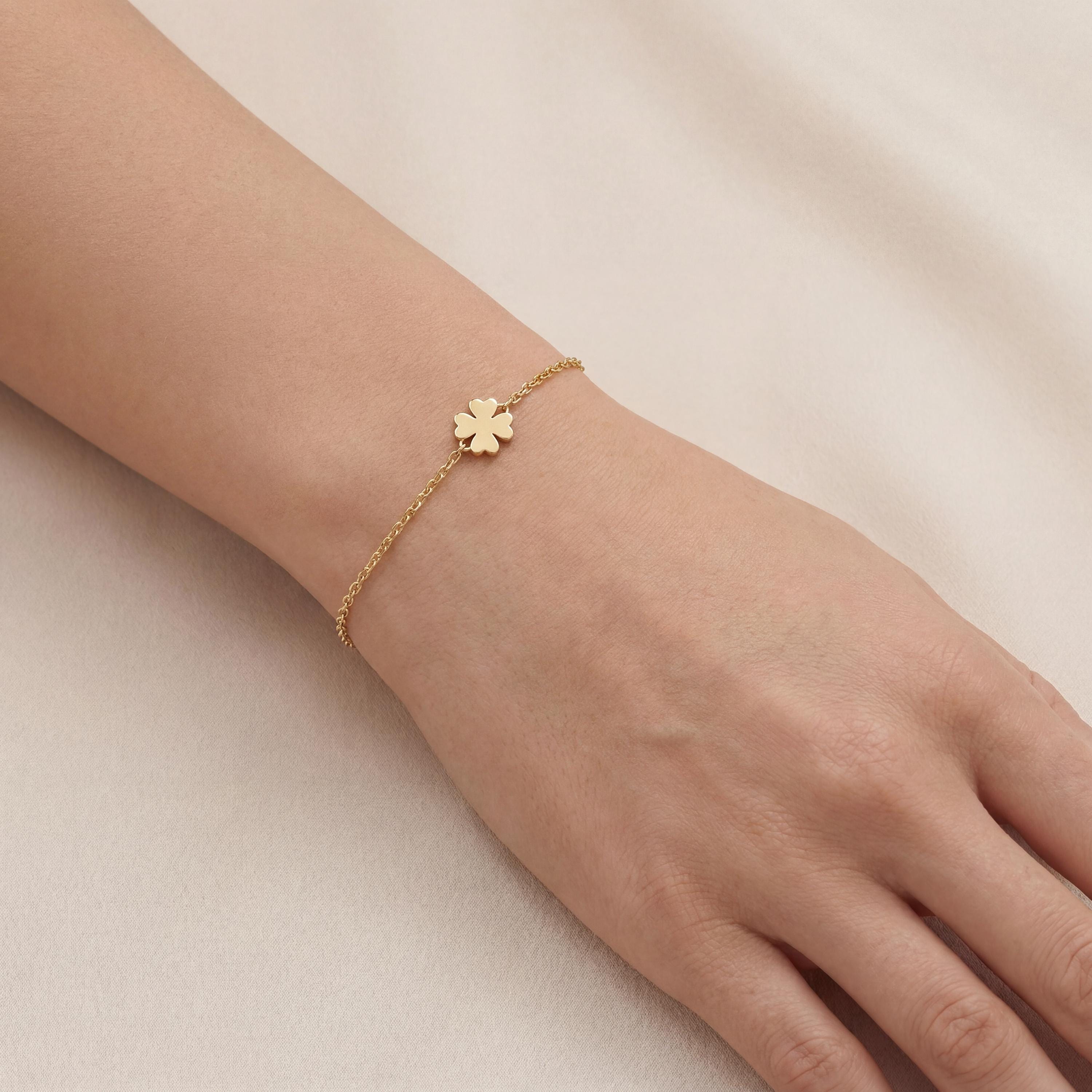 Solid Gold 14K Dainty Flower Clover Leaf Chain Link Bracelet
