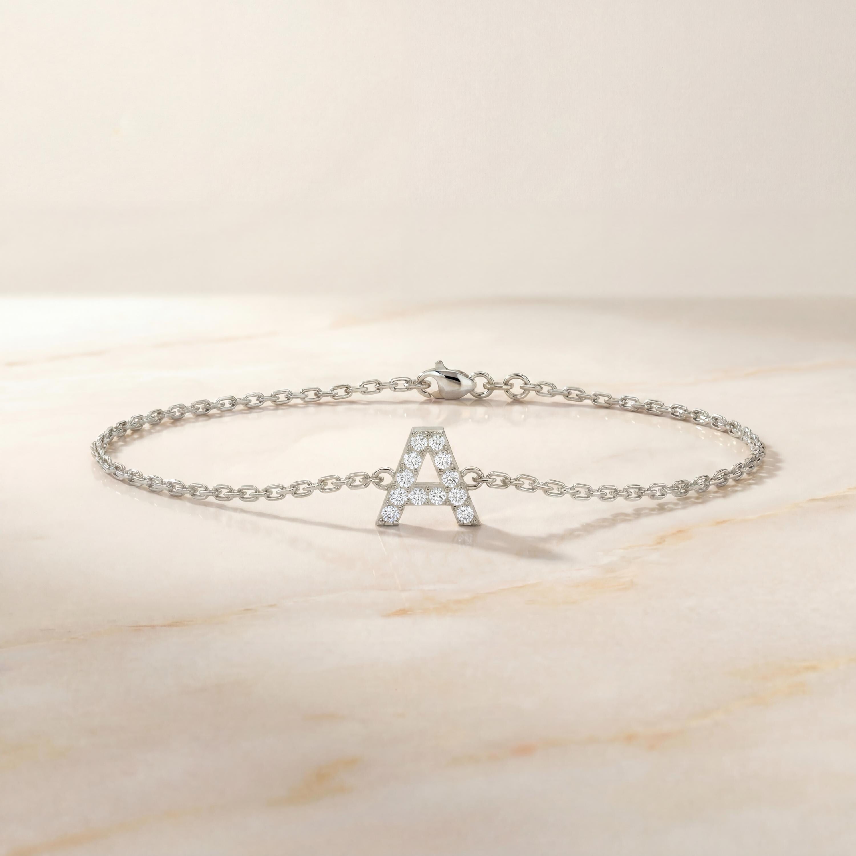 Round Diamond Pave 14K Dainty Solid Gold Initial Chain Link Bracelet