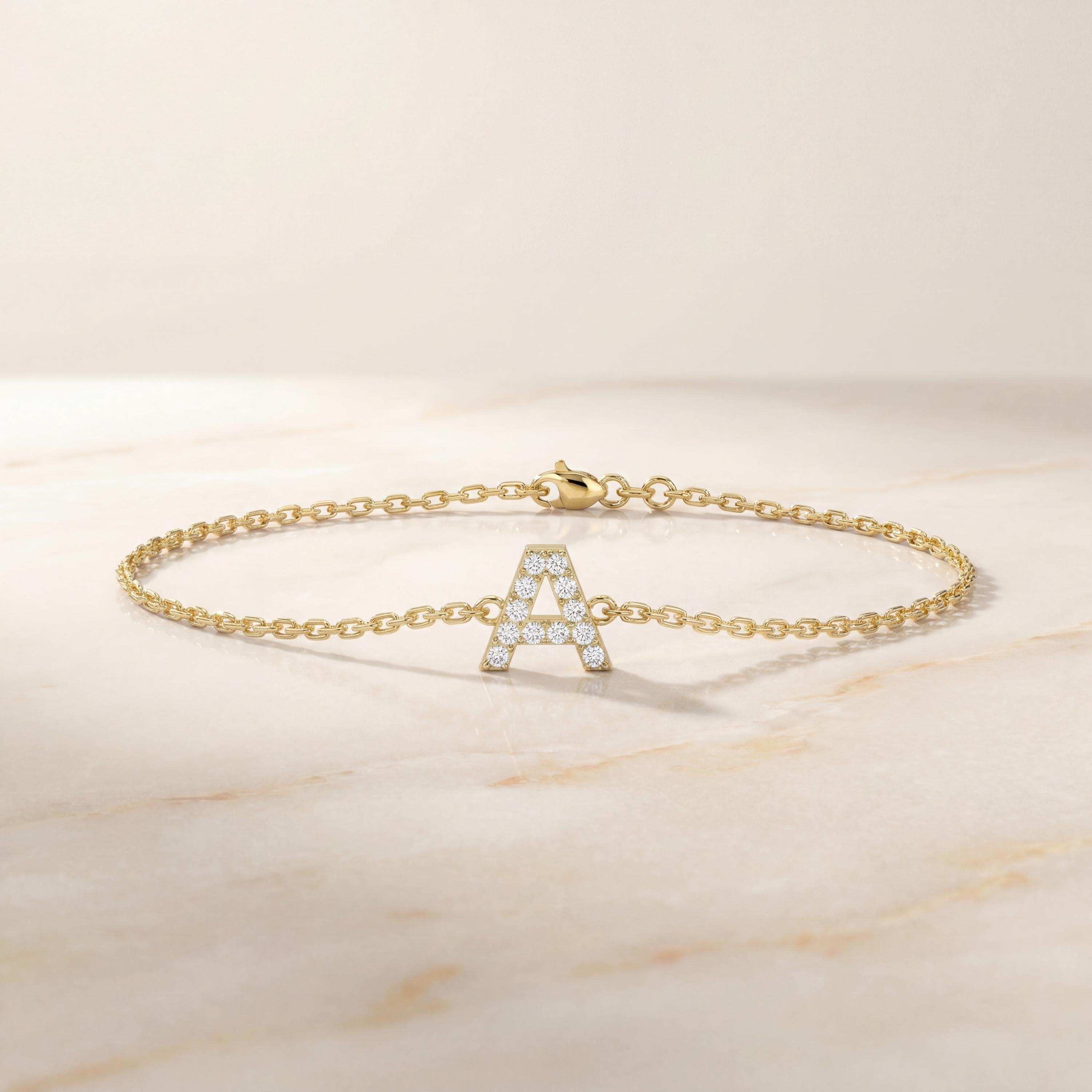 Round Diamond Pave 14K Dainty Solid Gold Initial Chain Link Bracelet
