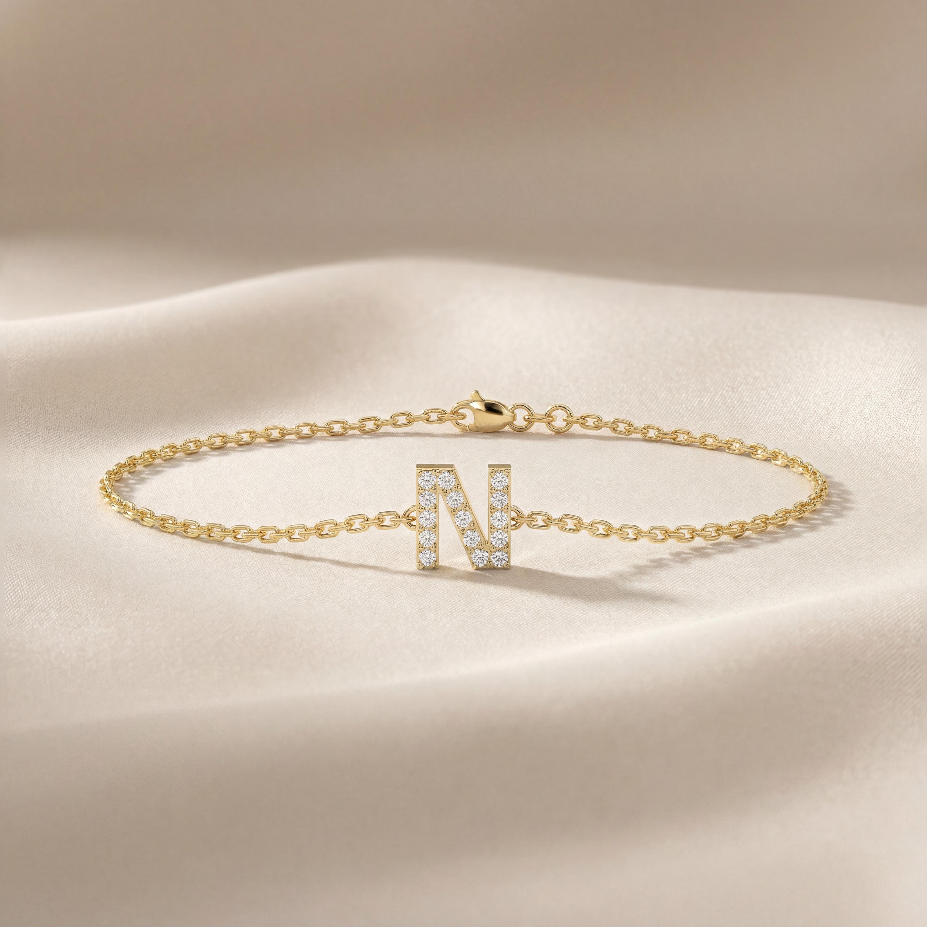 Round Diamond Pave 14K Dainty Solid Gold Initial Chain Link Bracelet