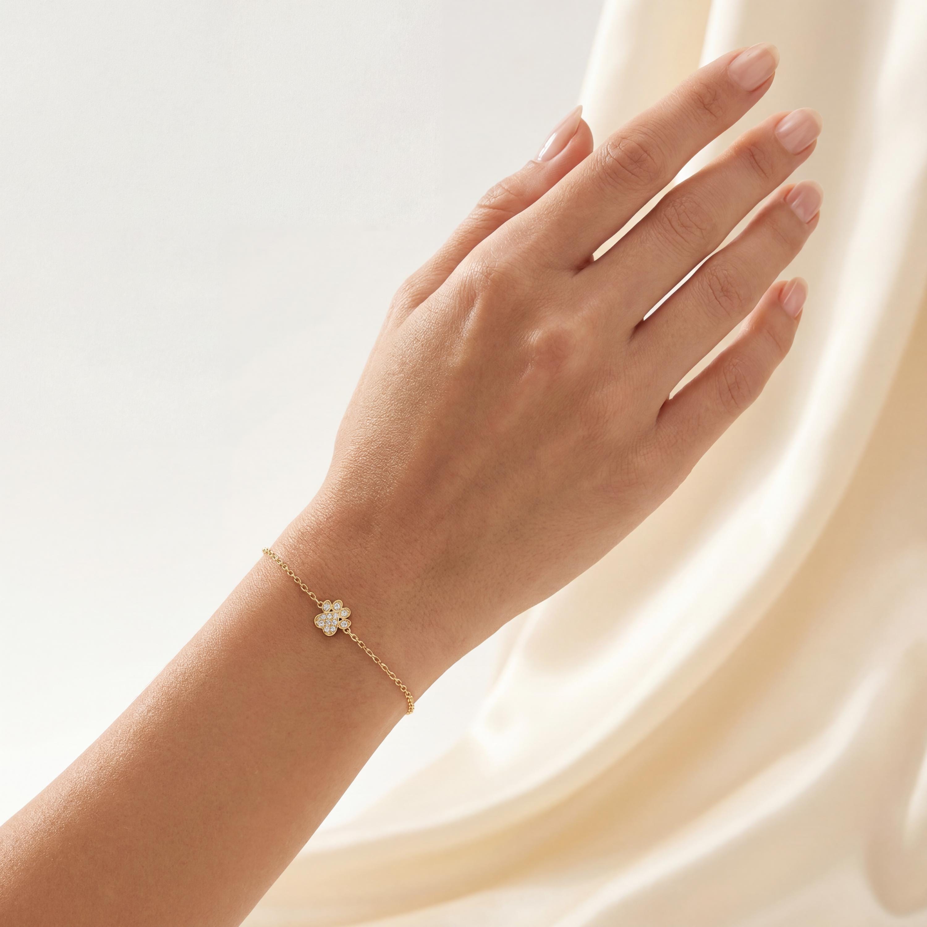Diamond Pave Dainty 14Kt Solid Gold Dog Paw Chain Link Bracelet