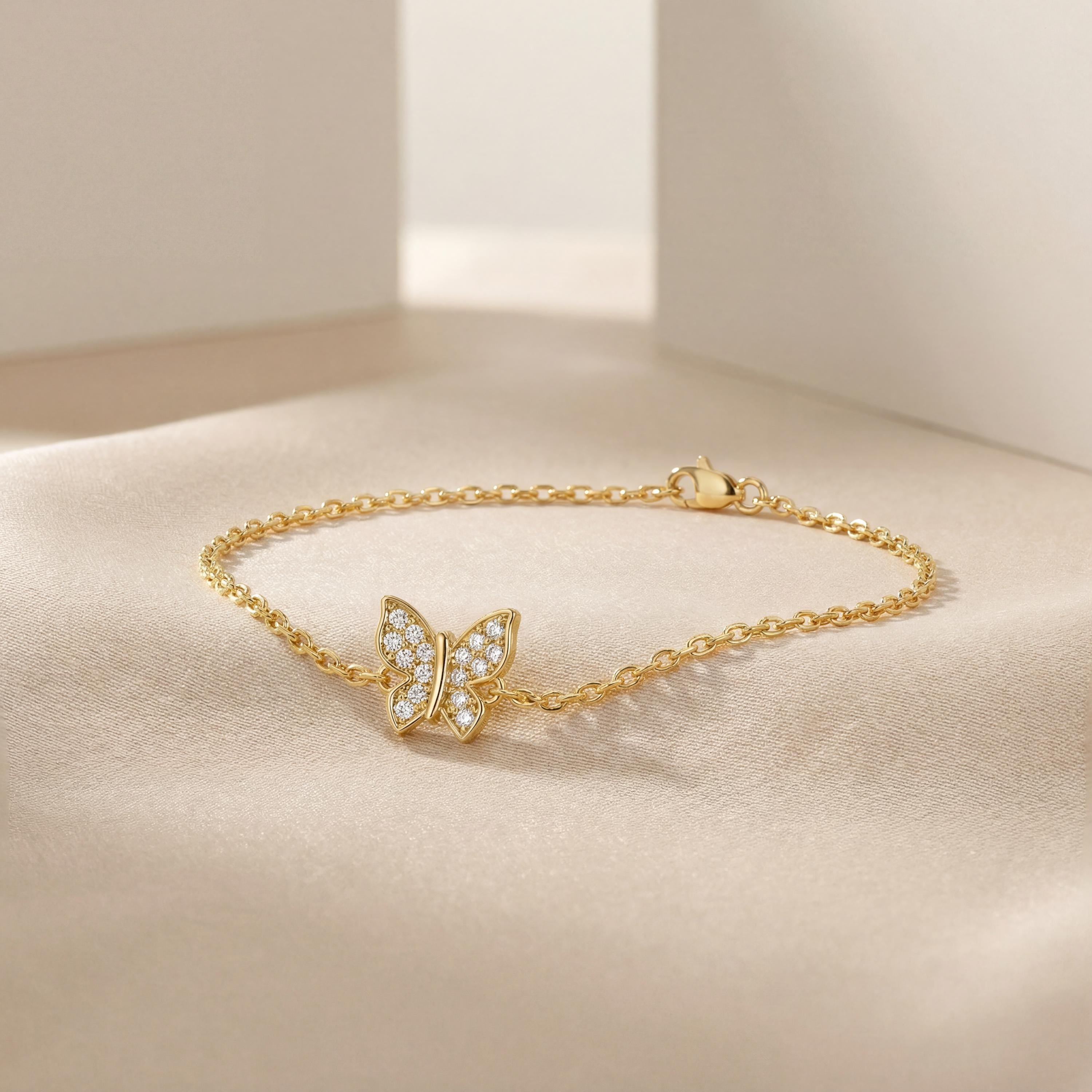Diamond Pave Dainty 14K Solid Gold Butterfly Chain Link Bracelet