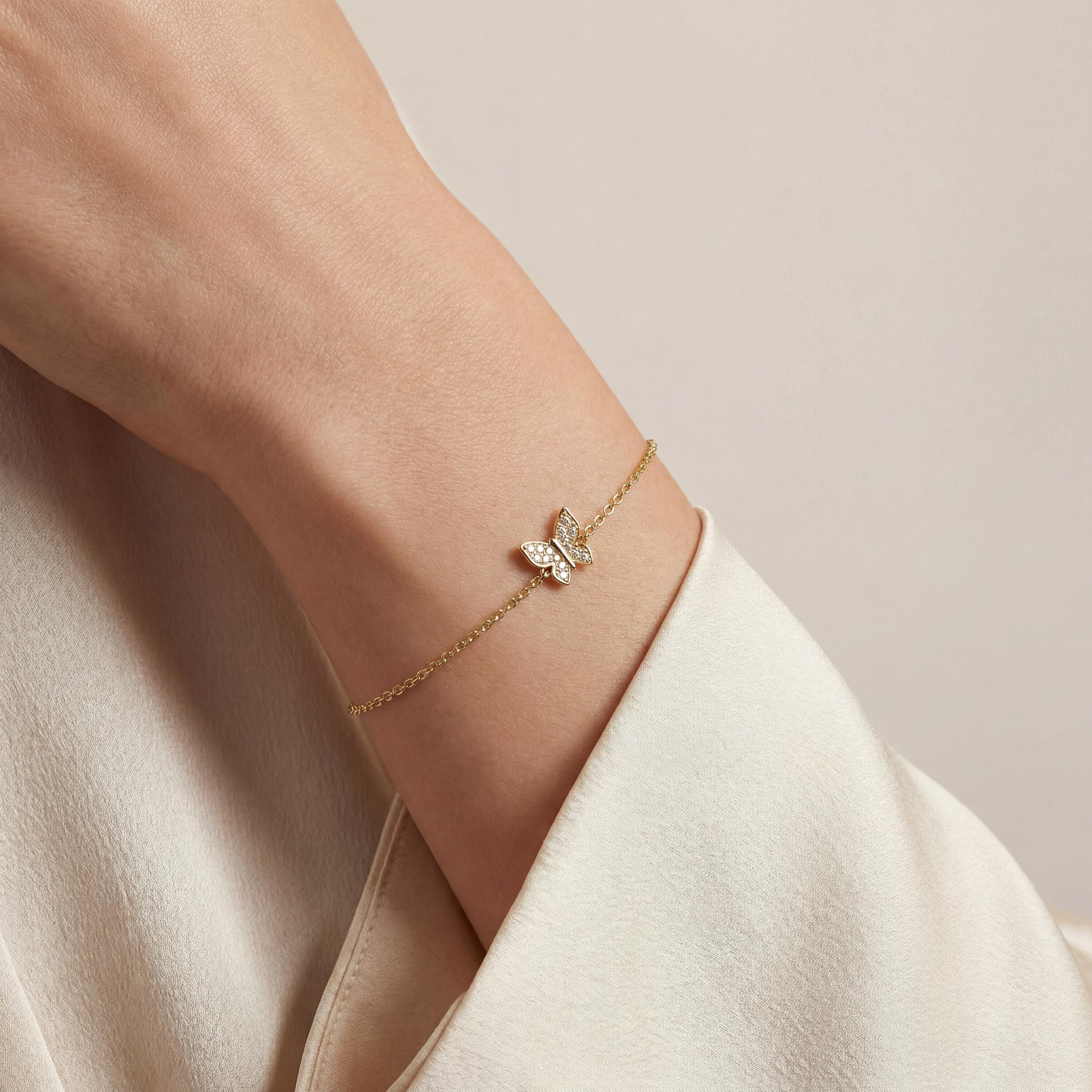 Diamond Pave Dainty 14K Solid Gold Butterfly Chain Link Bracelet