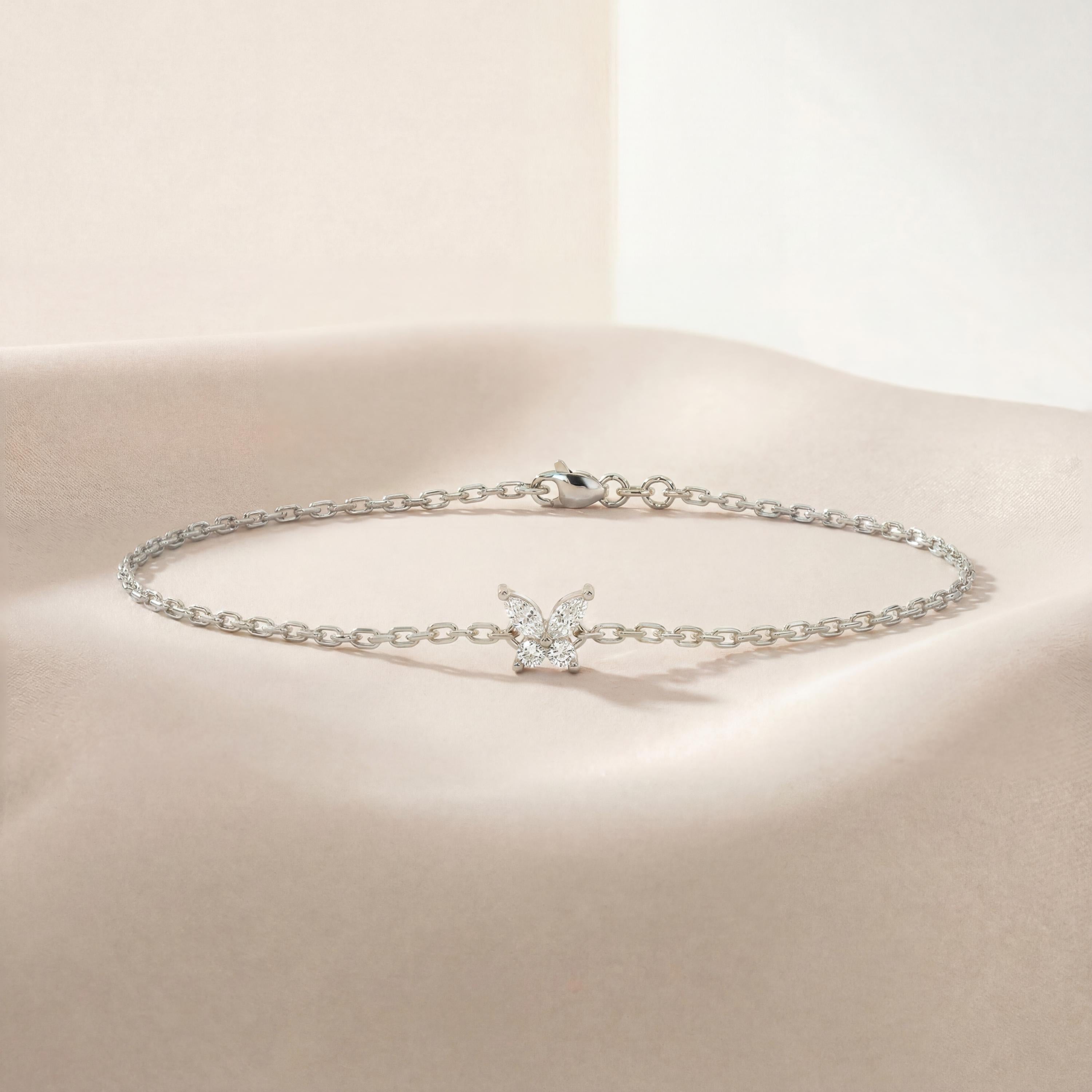 Marquise Diamond Prong Dainty 14K Solid Gold Butterfly Chain Link Bracelet