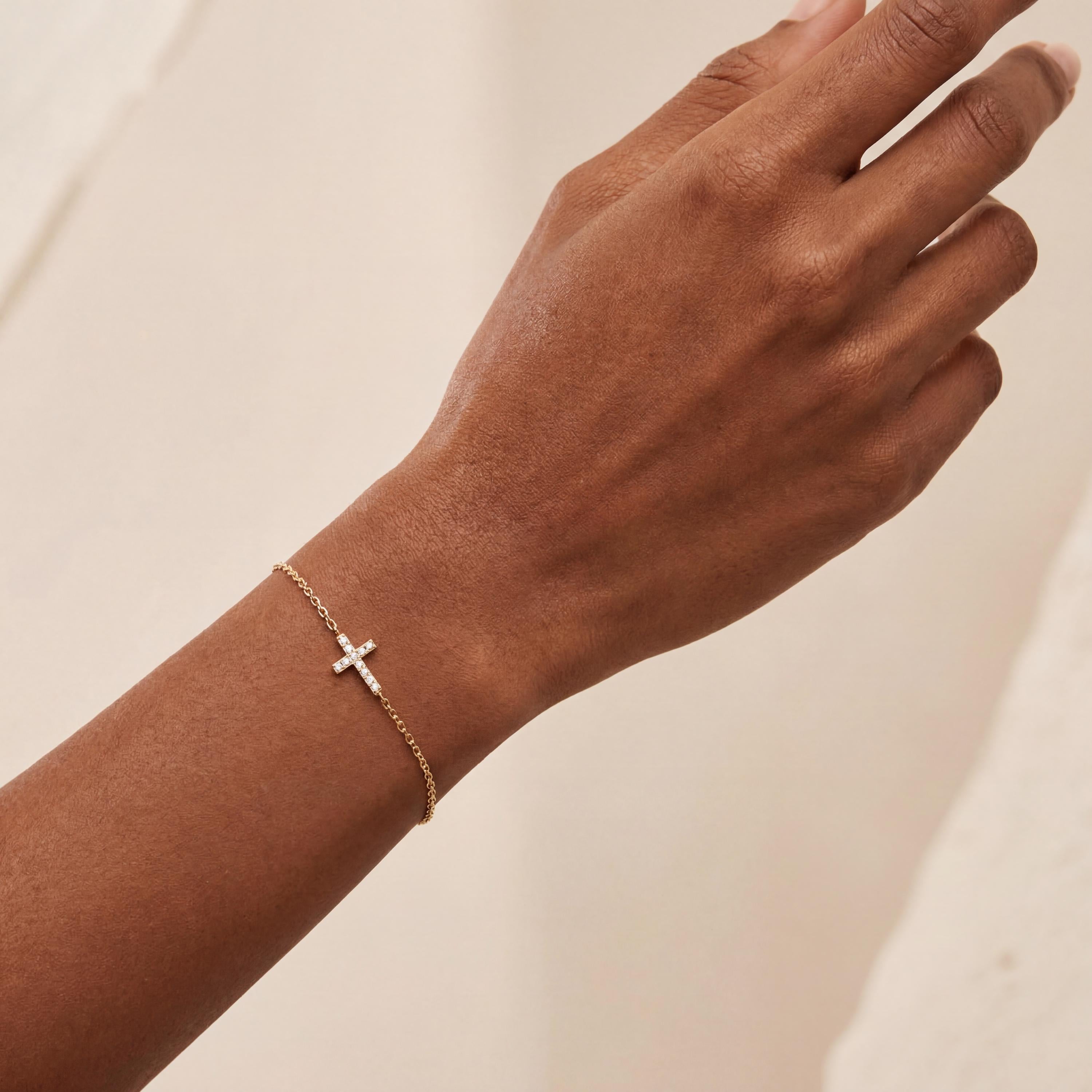 Diamond Prong Dainty 14K Solid Gold Cross Chain Link Bracelet