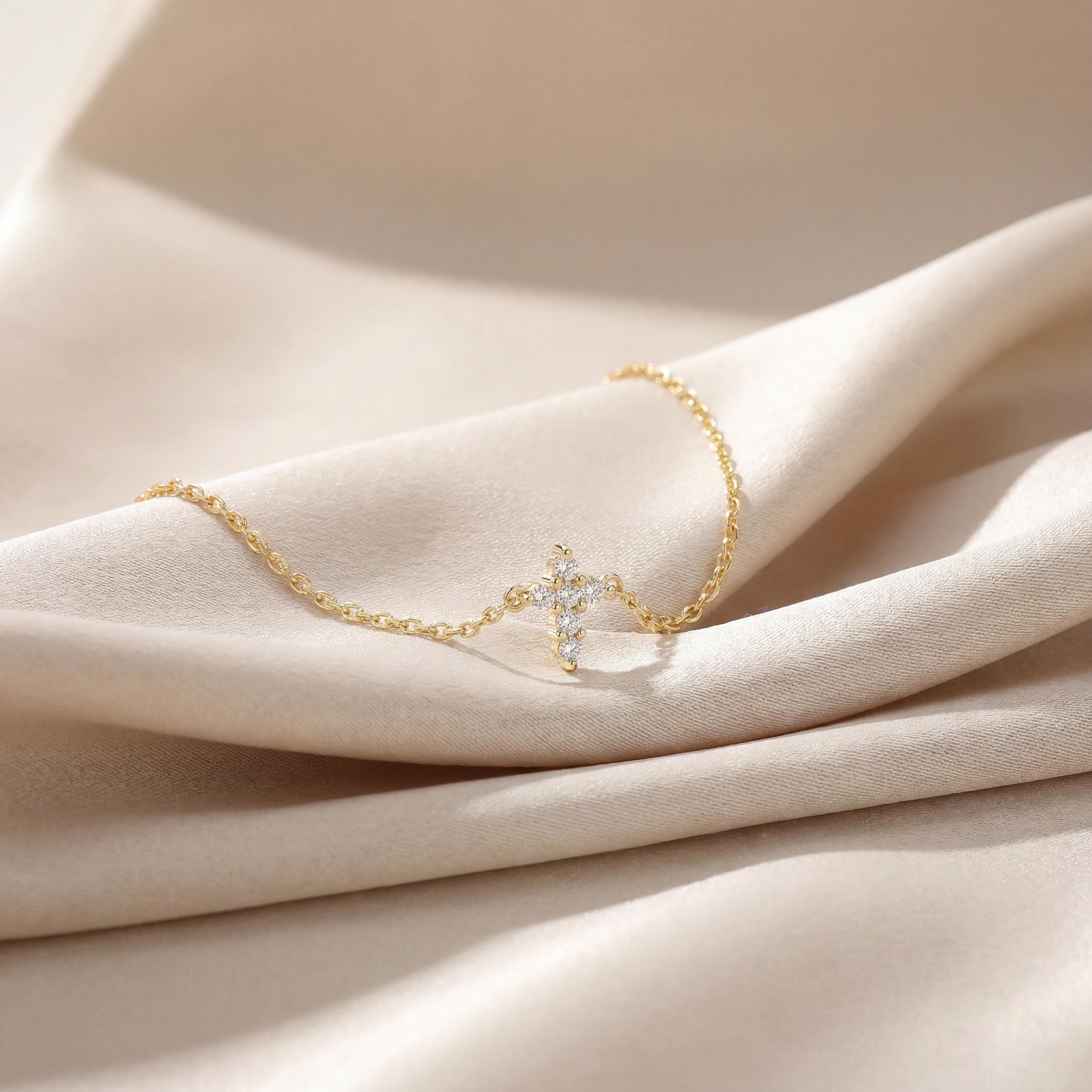 Diamond Prong Dainty 14K Solid Gold Cross Chain Link Bracelet