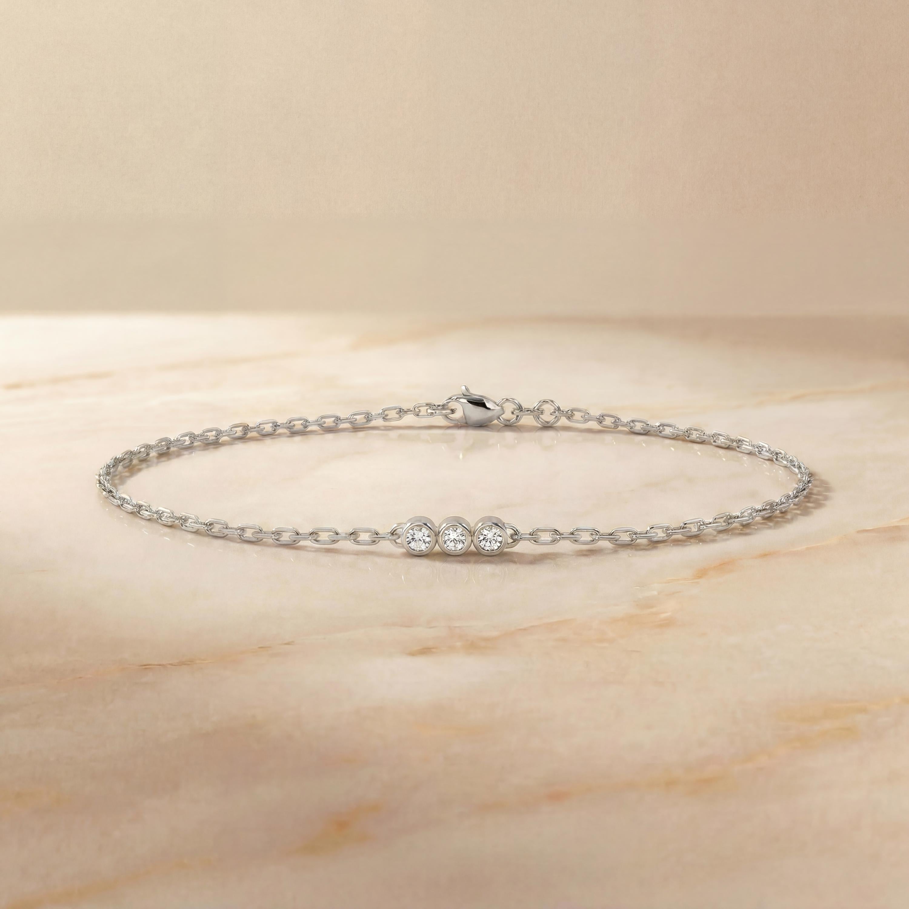 Diamond Round 3 Stone Bezel Set 14K Solid Gold Chain Link Bracelet