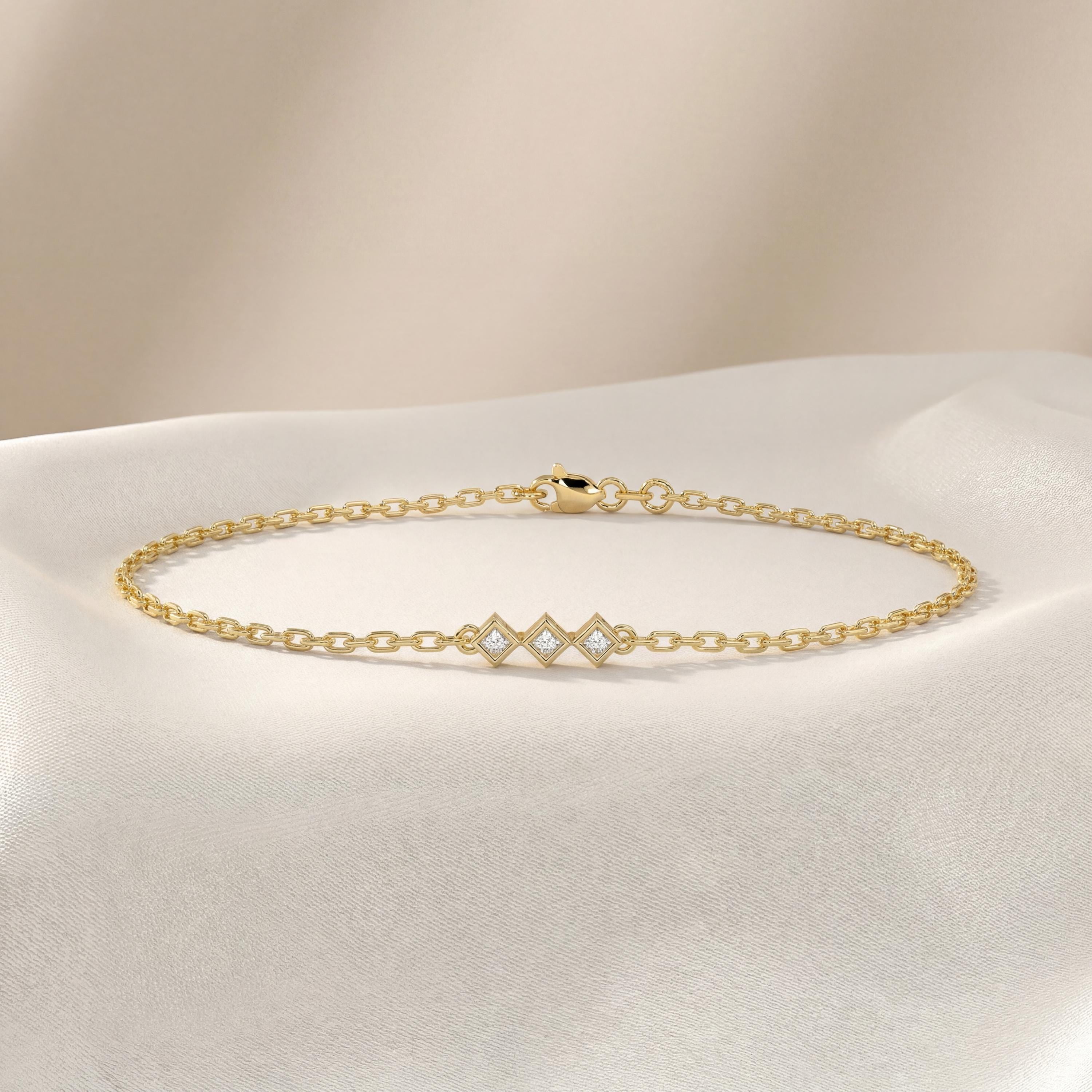 Princess Cut Diamond 3 Stone Bezel Set 14K Solid Gold Chain Link Bracelet