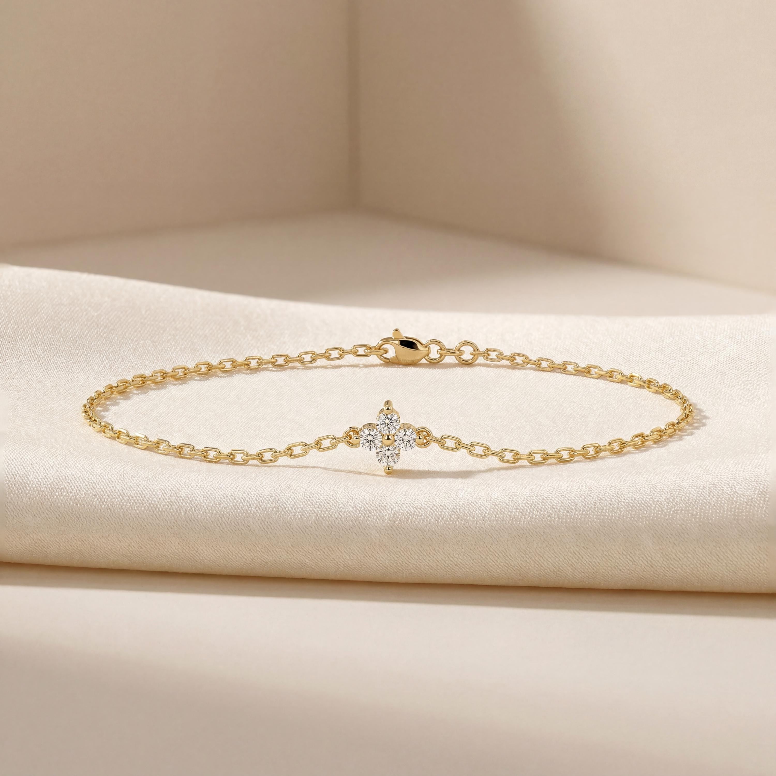 Diamond Round 4 Stone Prong Set 14K Solid Gold Chain Link Bracelet