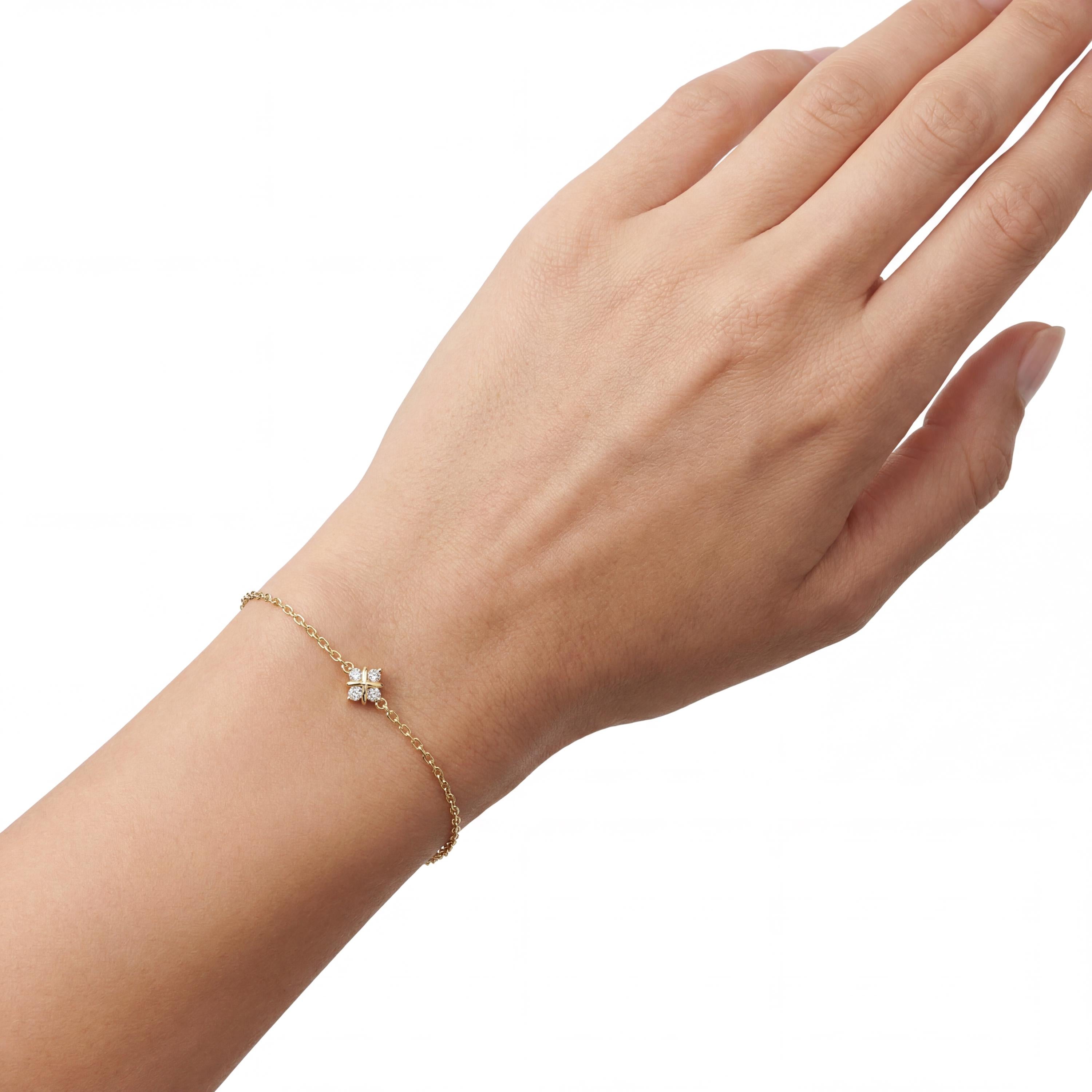 Diamond Round 4 Stone Prong Set 14K Solid Gold Chain Link Bracelet