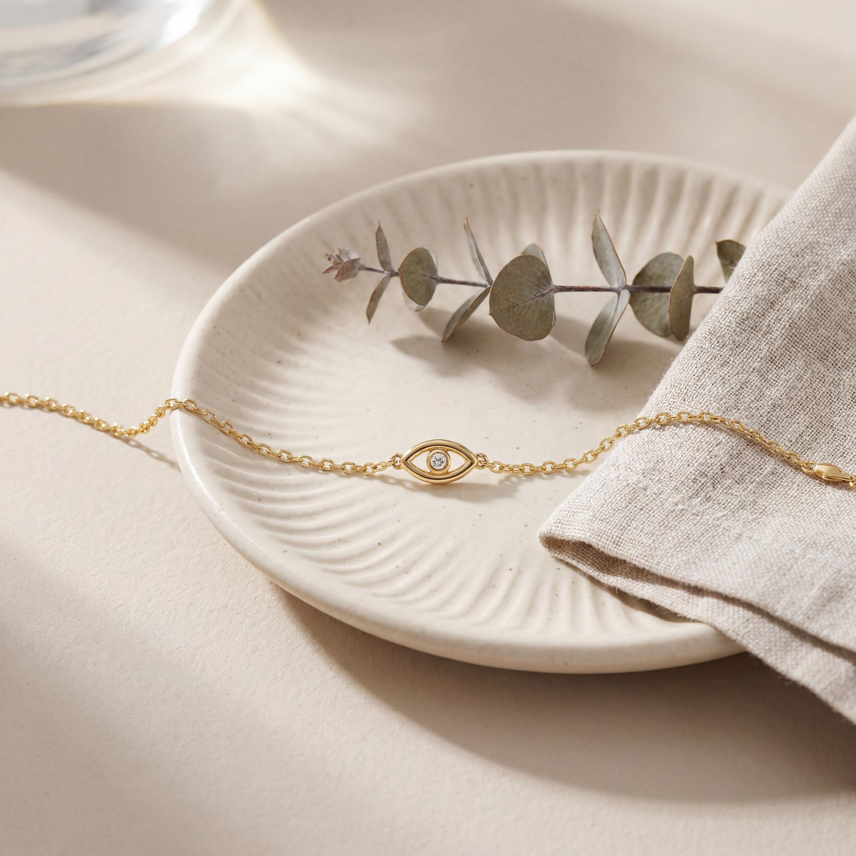 Diamond Eye Bezel Set 14K Solid Gold Chain Link Bracelet