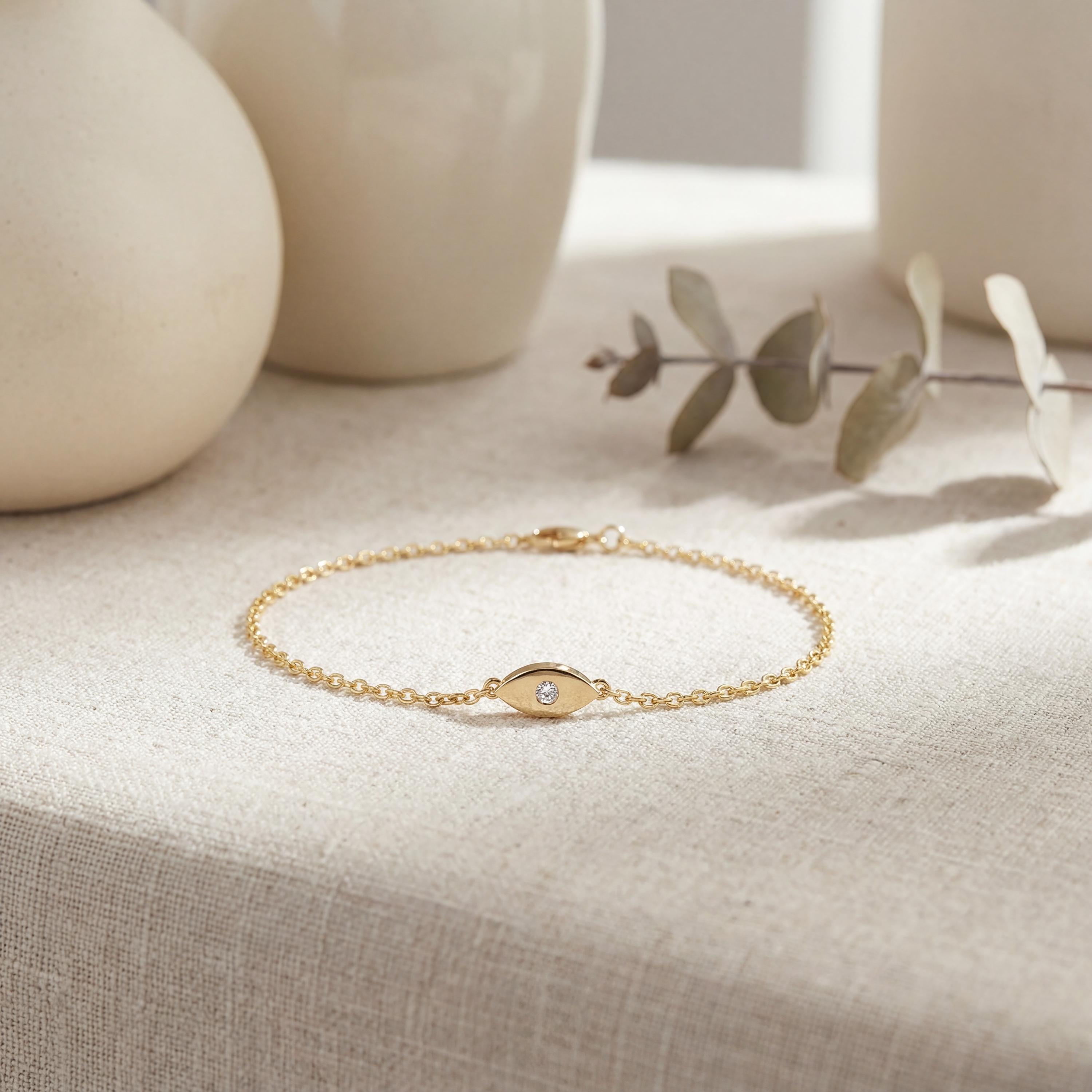 Marquise Shape Diamond Eye Bezel Set 14K Solid Gold Chain Link Bracelet