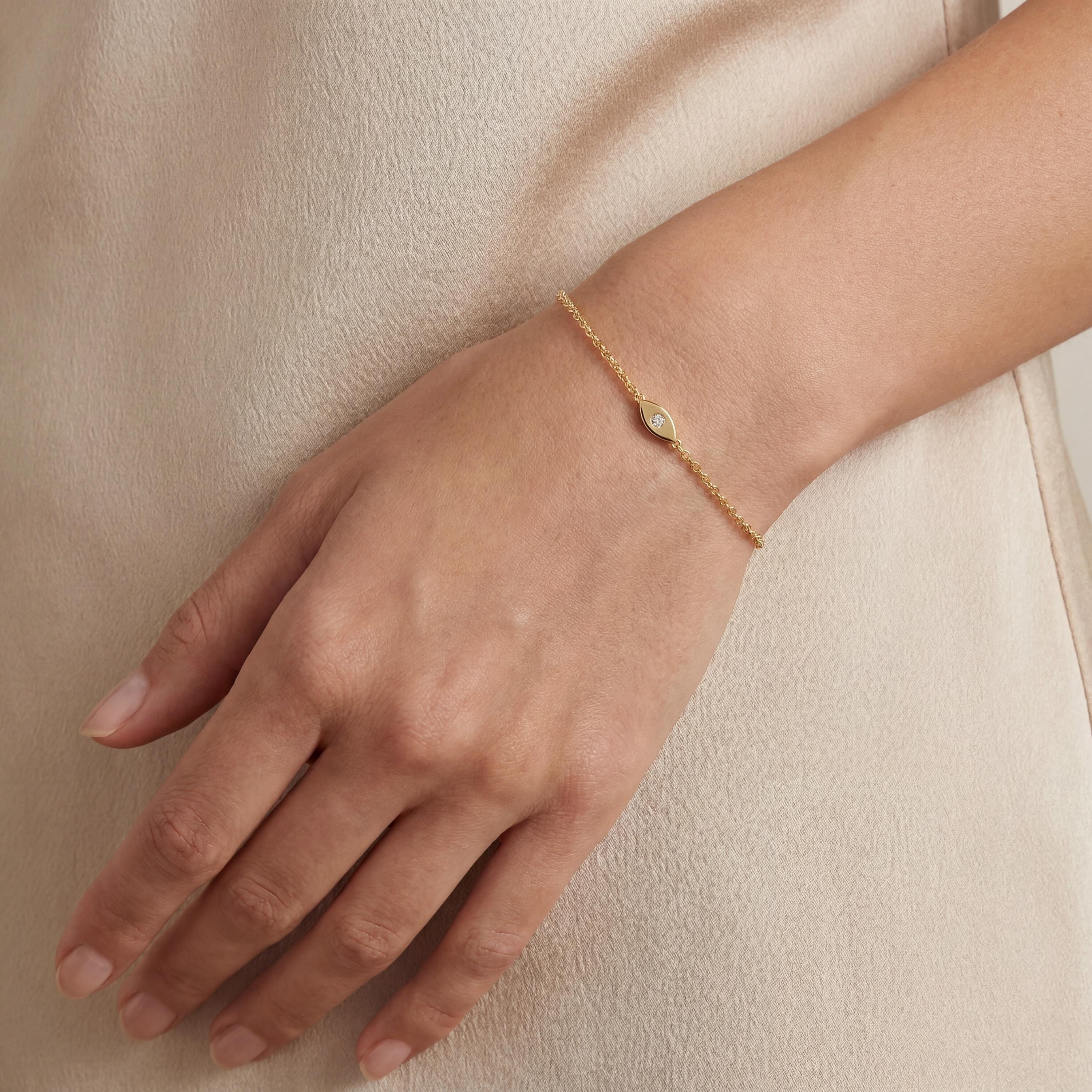 Marquise Shape Diamond Eye Bezel Set 14K Solid Gold Chain Link Bracelet