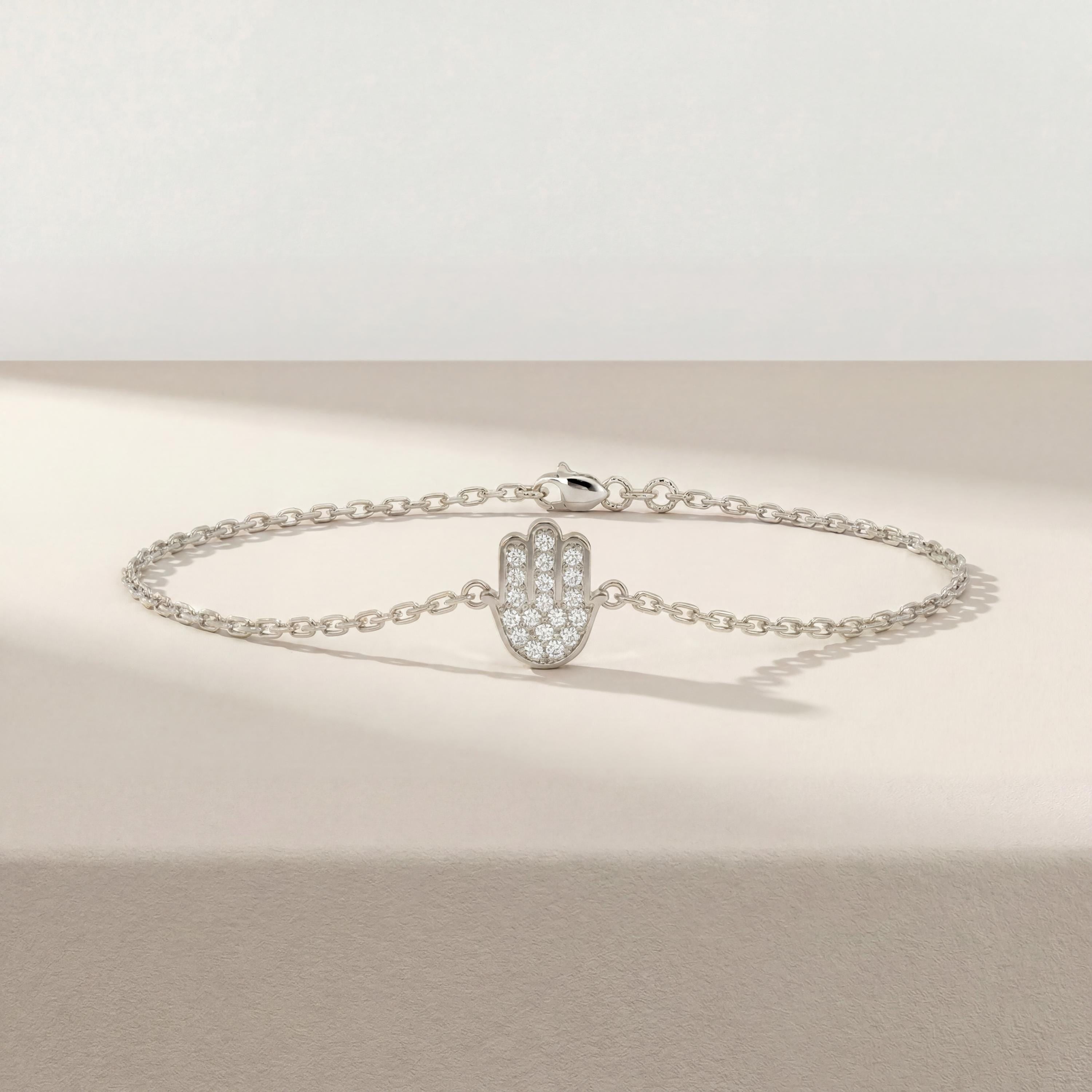 Diamond Hamsa Hand 14K Solid Gold Dainty Chain Link Bracelet