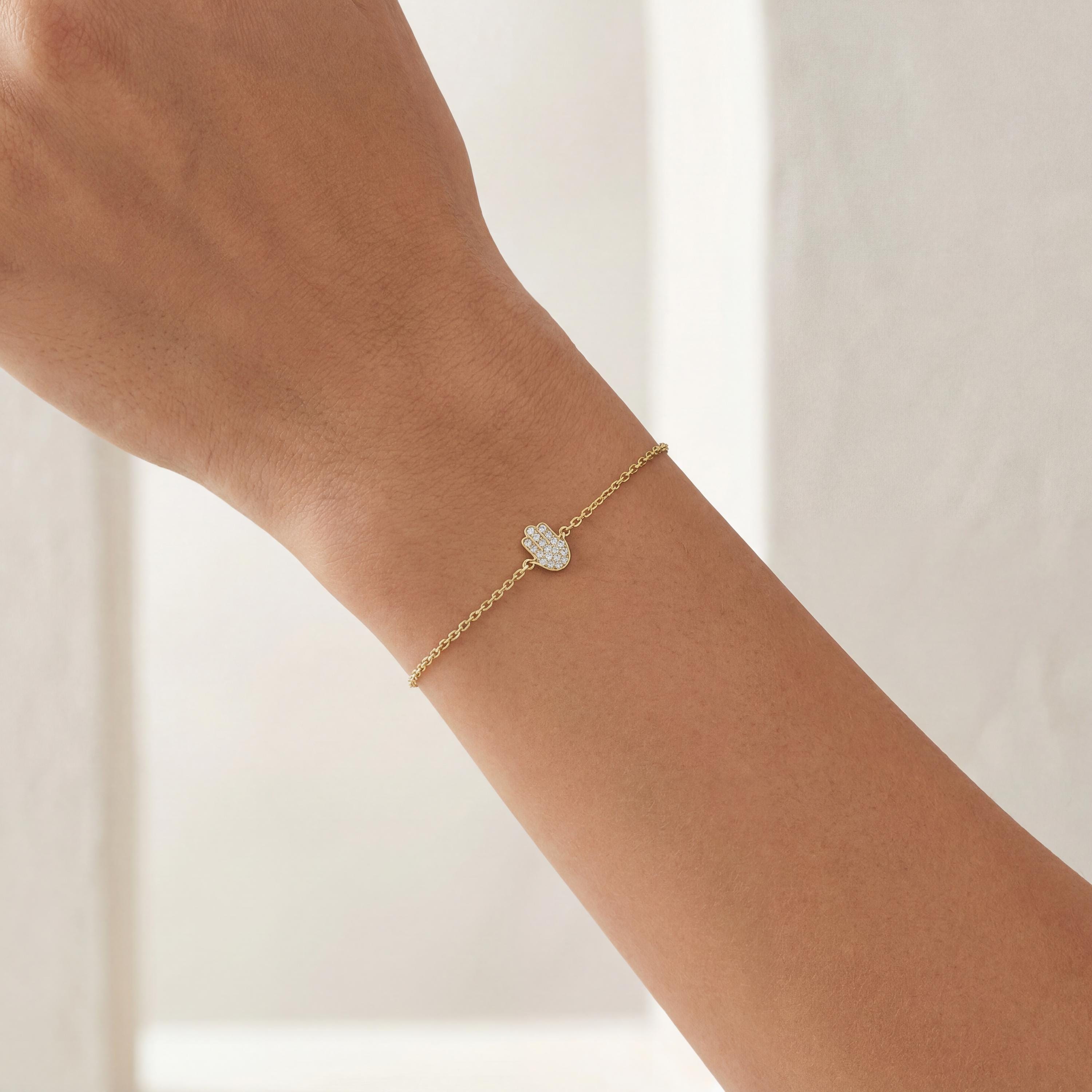 Diamond Hamsa Hand 14K Solid Gold Dainty Chain Link Bracelet