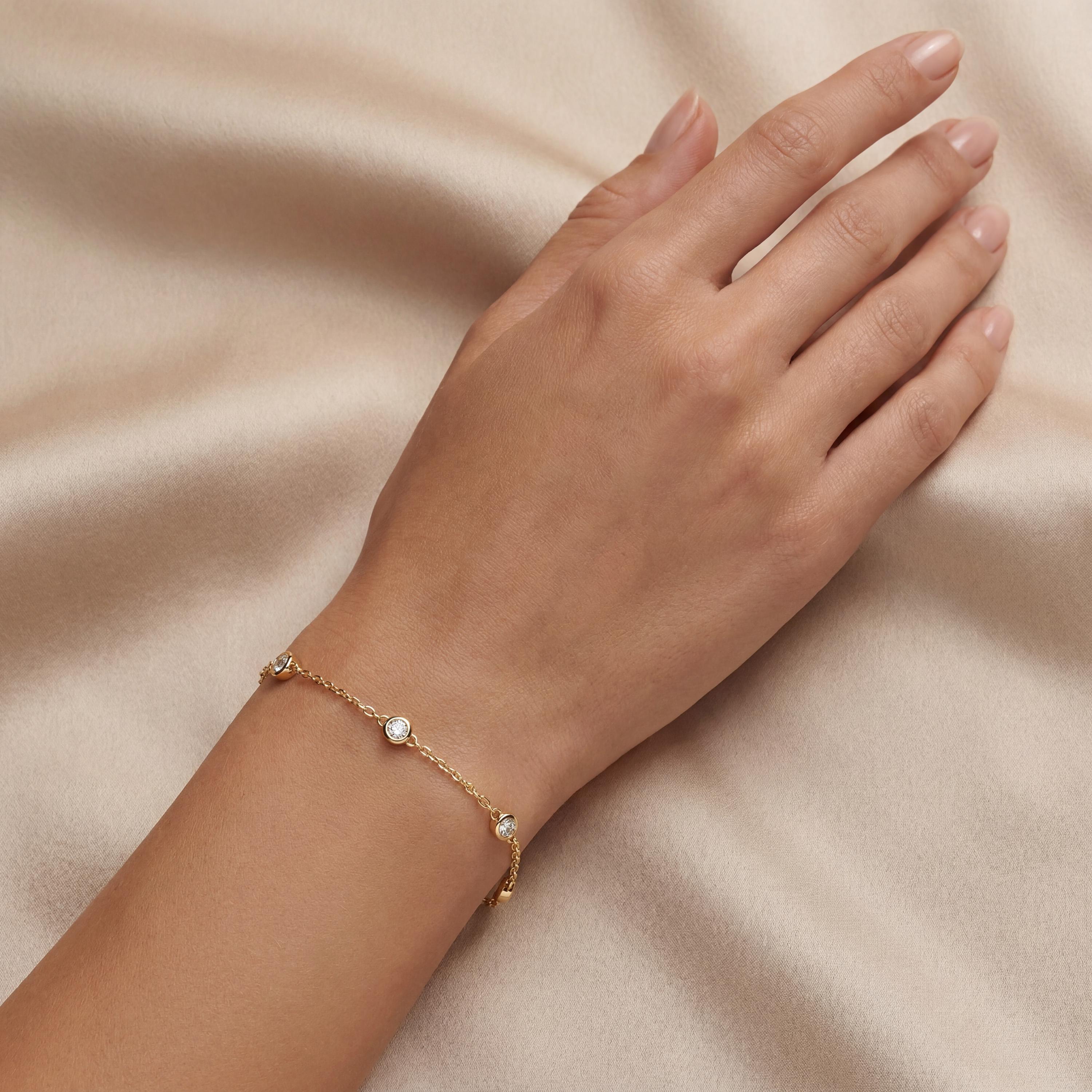 Round Diamond By The Yard Bezel Set 14K Solid Gold Chain Link Bracelet