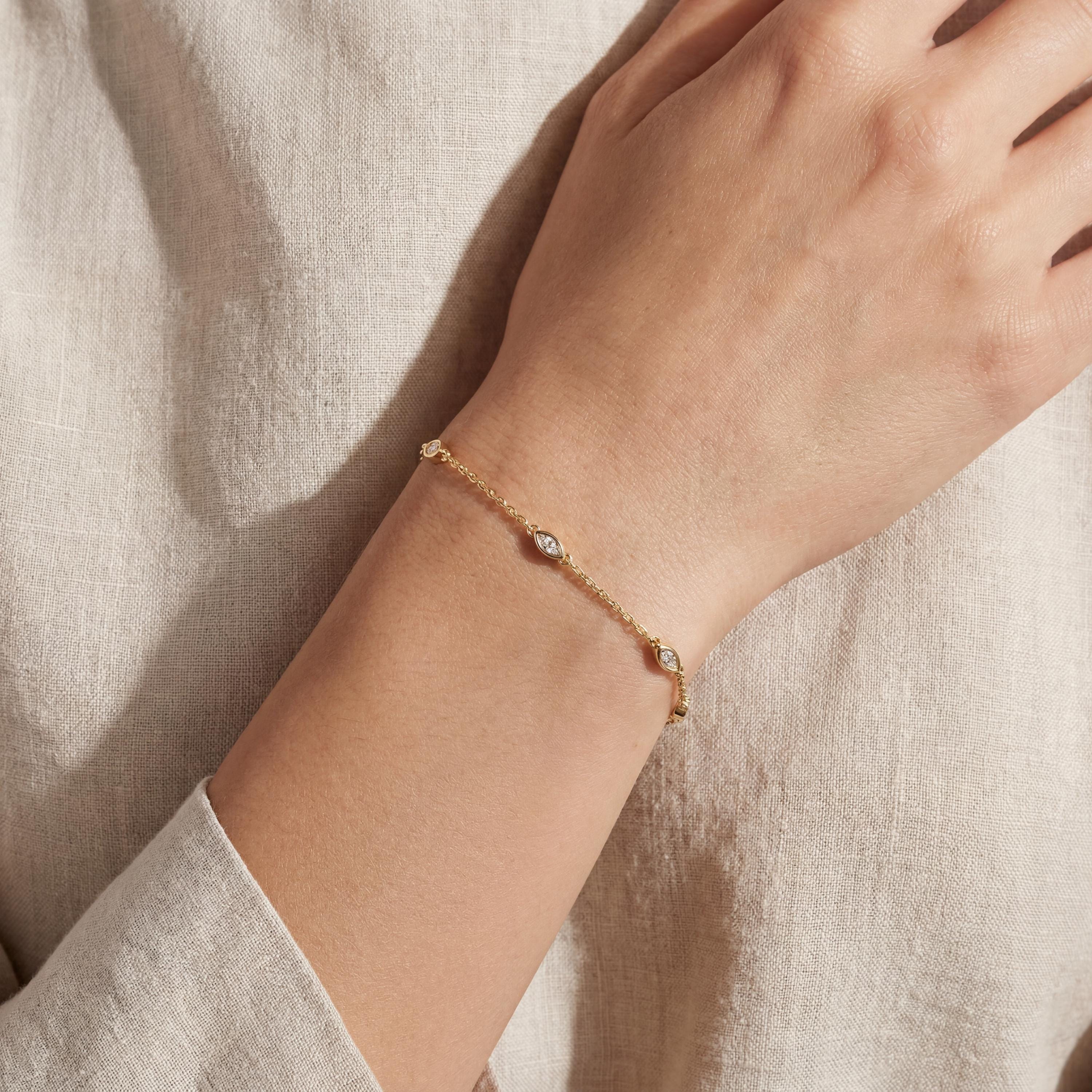 Marquise Diamond By The Yard Bezel Set 14K Solid Gold Chain Link Bracelet