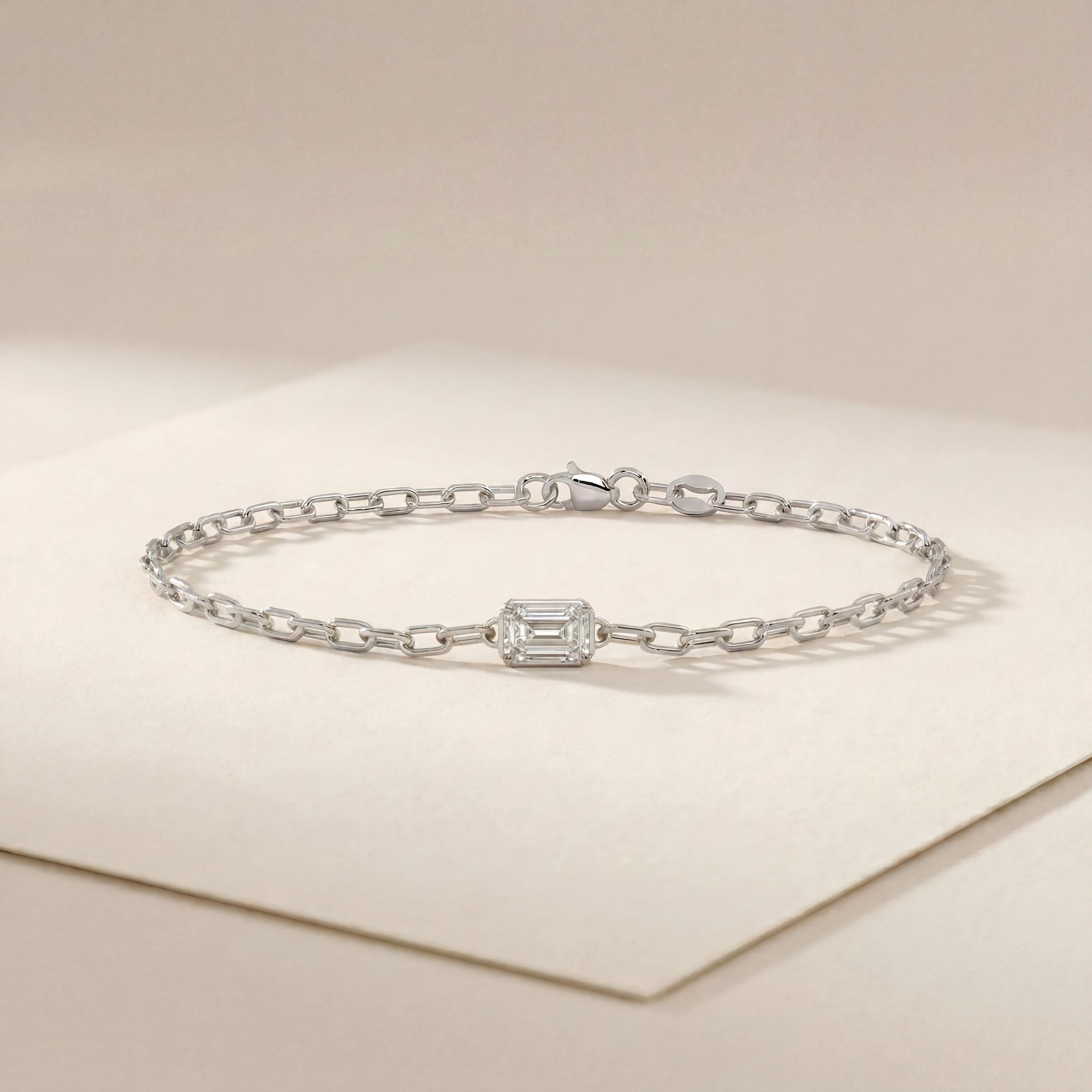 Emerald Cut Diamond Solitaire 14K Solid Gold Paperclip Link Bracelet