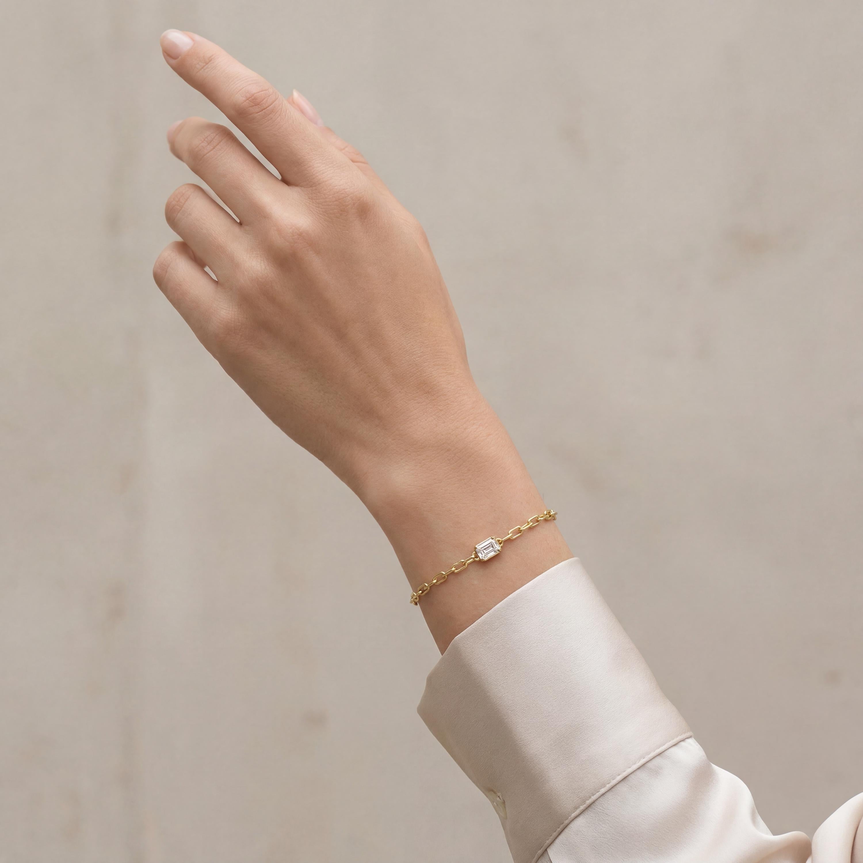 Emerald Cut Diamond Solitaire 14K Solid Gold Paperclip Link Bracelet