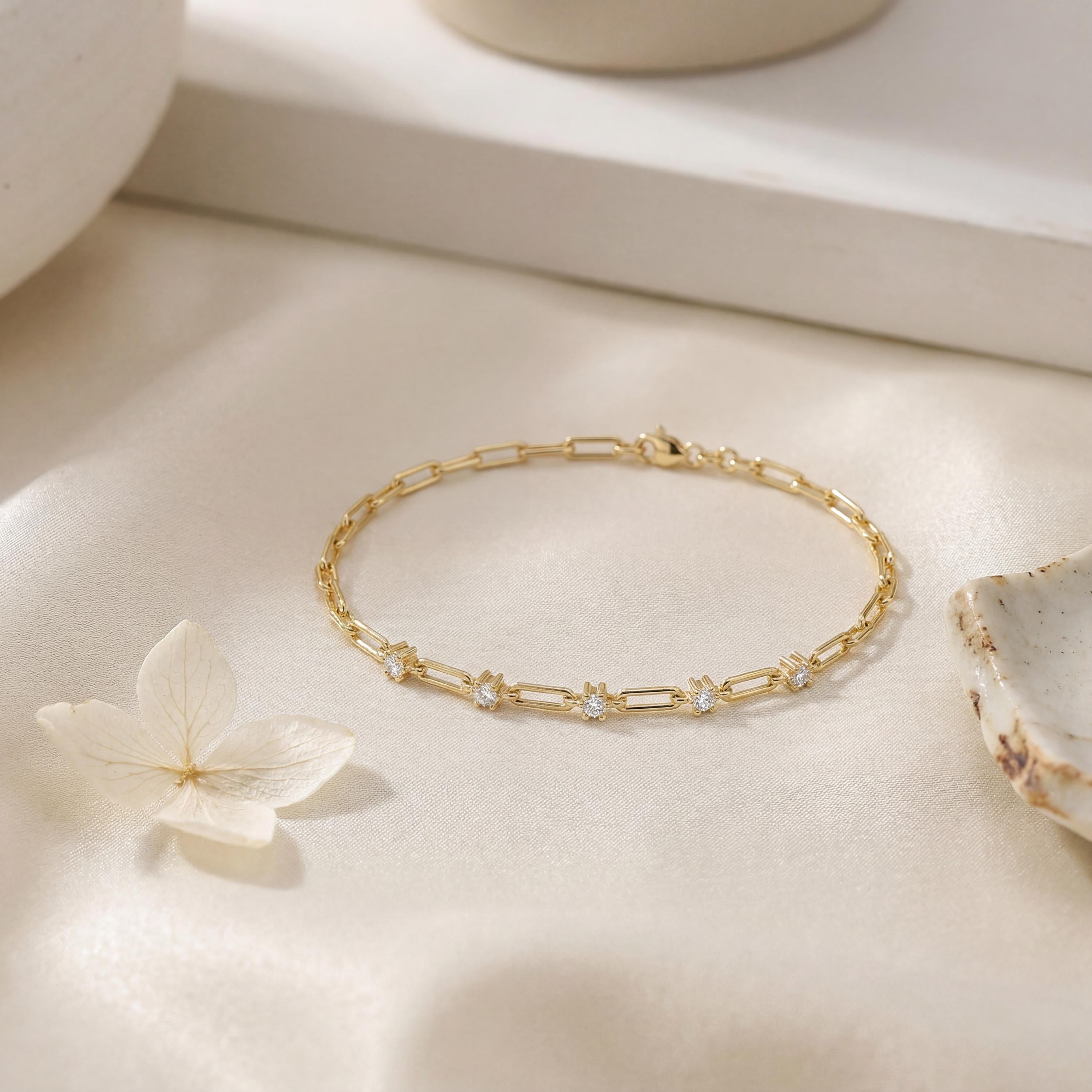 Round Brilliant Cut 5 Stone 14K Solid Gold Paperclip Link Bracelet