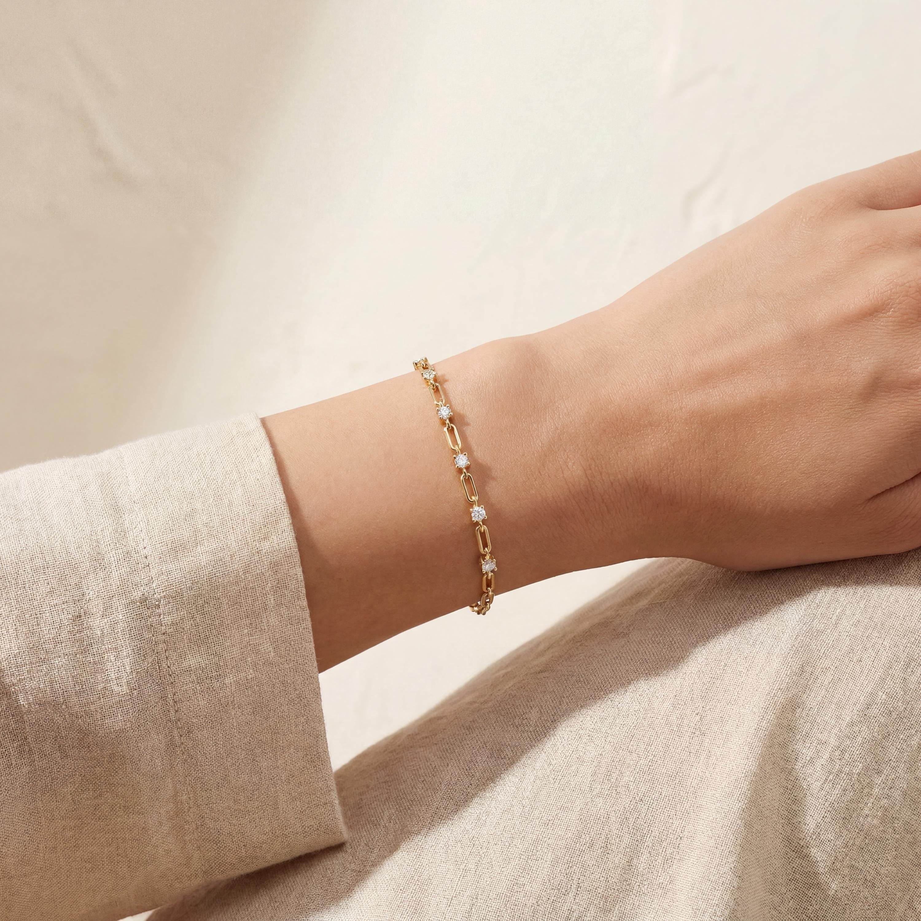 Round Brilliant Cut 5 Stone 14K Solid Gold Paperclip Link Bracelet