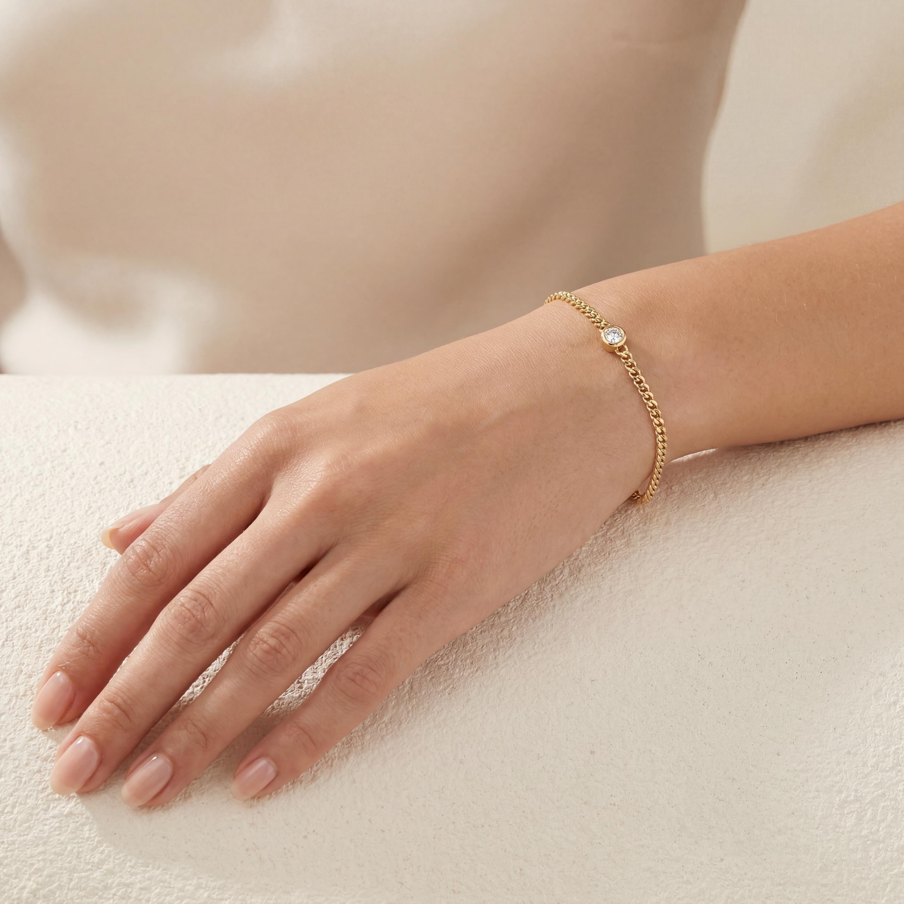 Round Brilliant Cut Bezel Set Diamond Solitaire 14K Solid Gold Cuban Curb Link Bracelet