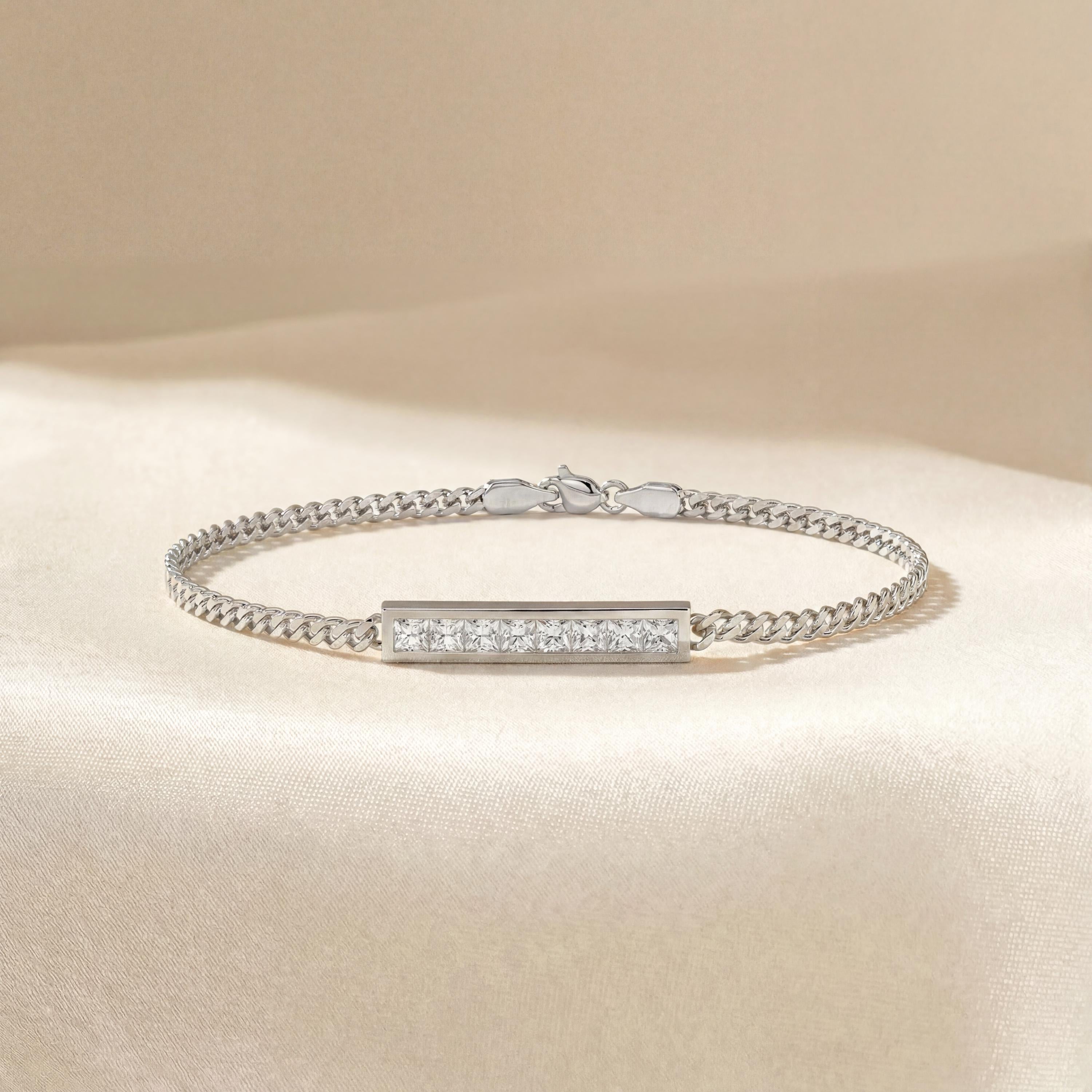 Princess Cut Diamond Bar Set 14K Solid Gold Cuban Curb Link Bracelet