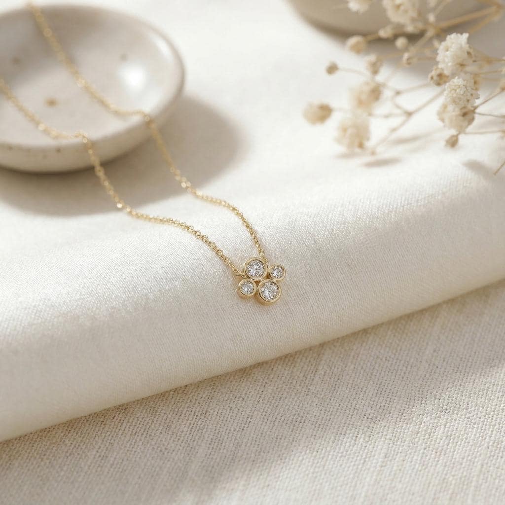 Round Diamond Four Stone Cluster Dainty Necklace 14K Solid Gold Pendant