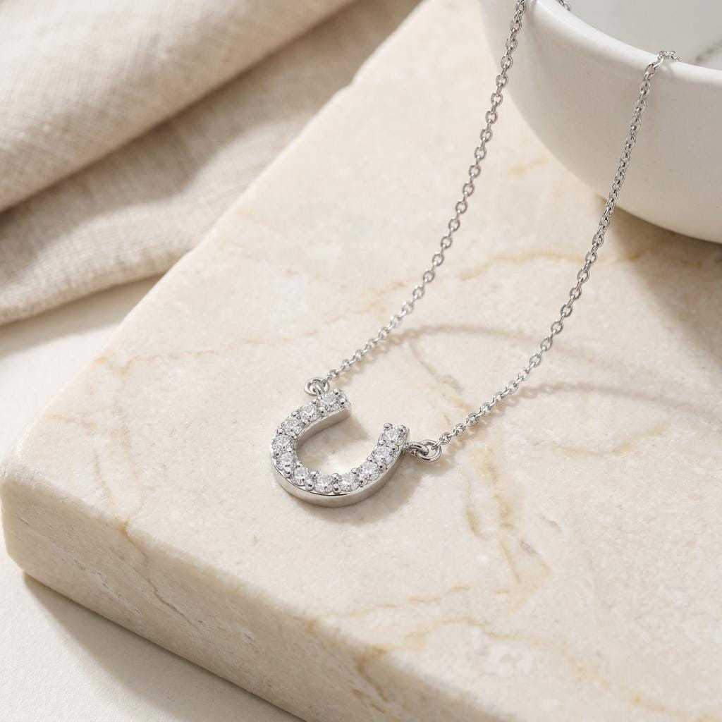 Round Diamond Pave 14K Dainty Solid Gold Horseshoe Pendant Necklace
