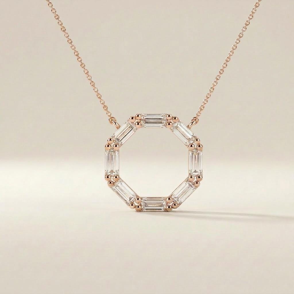 Baguette Diamond Octagon Dainty 14K Solid Gold Pendant Necklace