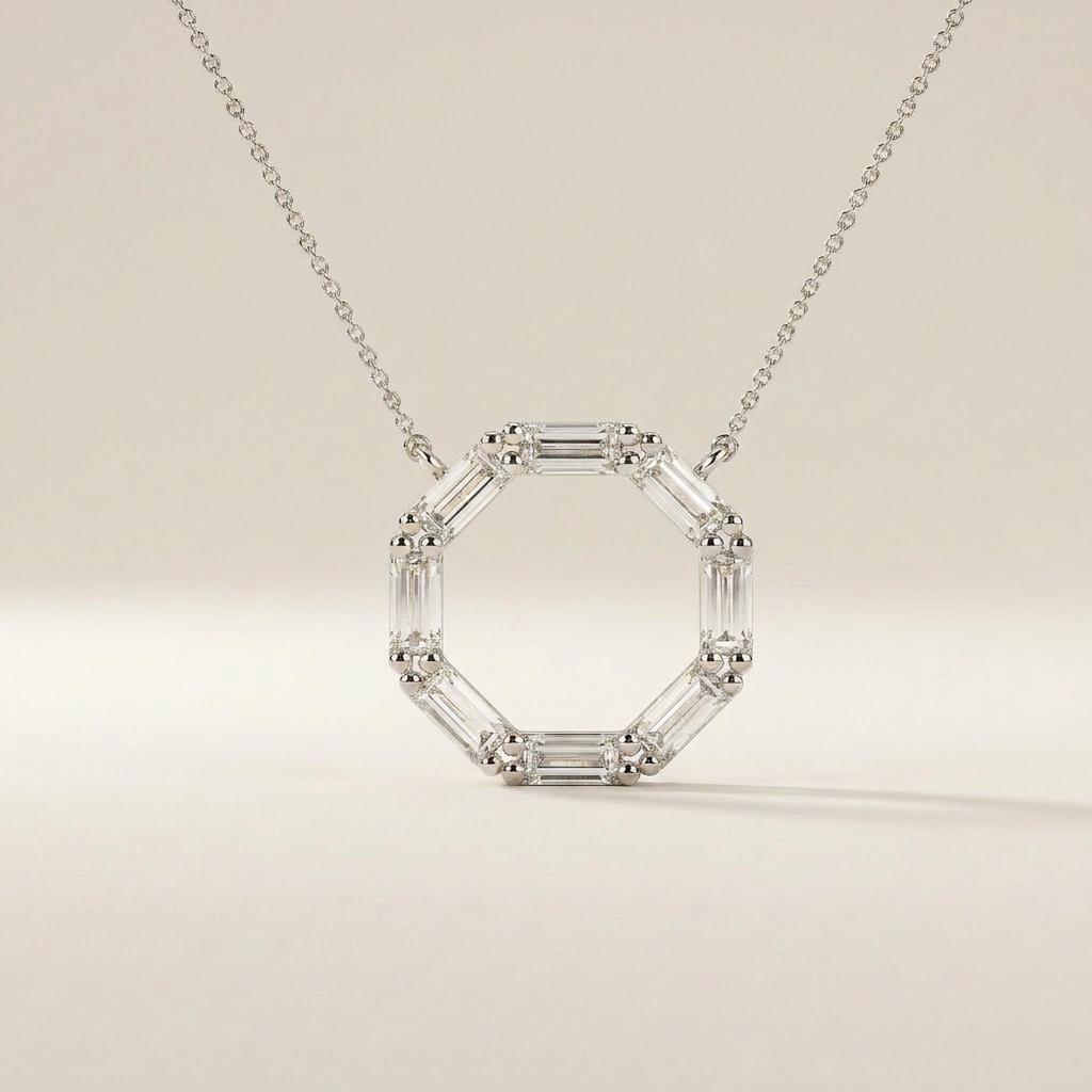 Baguette Diamond Octagon Dainty 14K Solid Gold Pendant Necklace