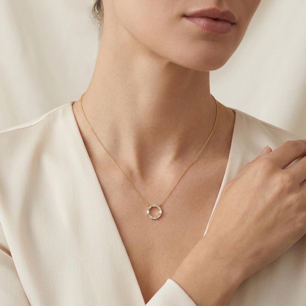 Baguette Diamond Octagon Dainty 14K Solid Gold Pendant Necklace