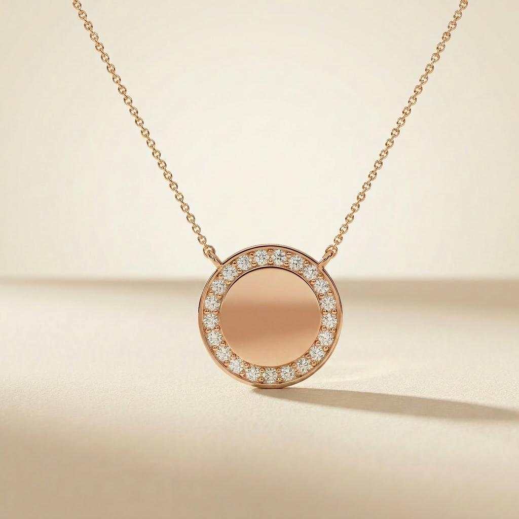 Round Diamond Halo Disc 14K Solid Gold Pendant Necklace
