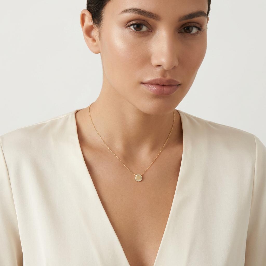 Round Diamond Halo Disc 14K Solid Gold Pendant Necklace