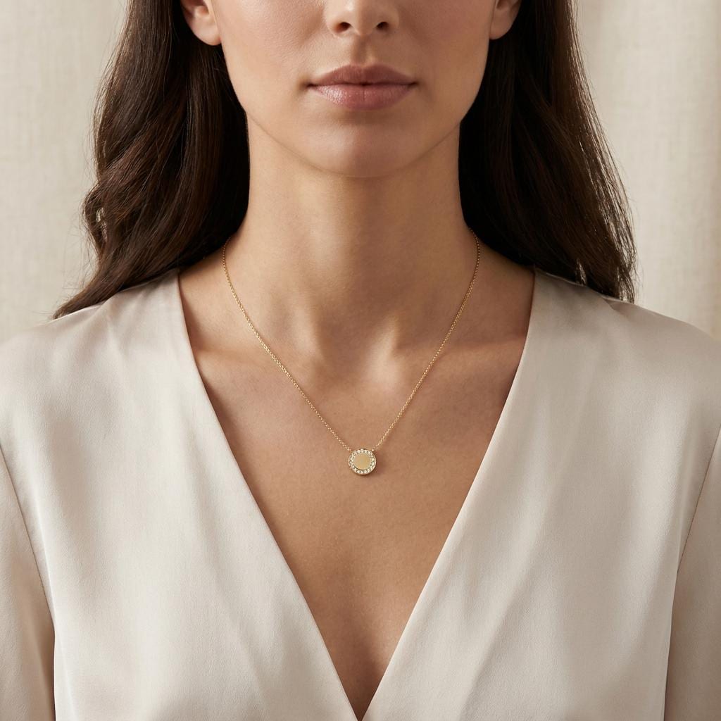 Round Diamond Halo Disc 14K Solid Gold Pendant Necklace