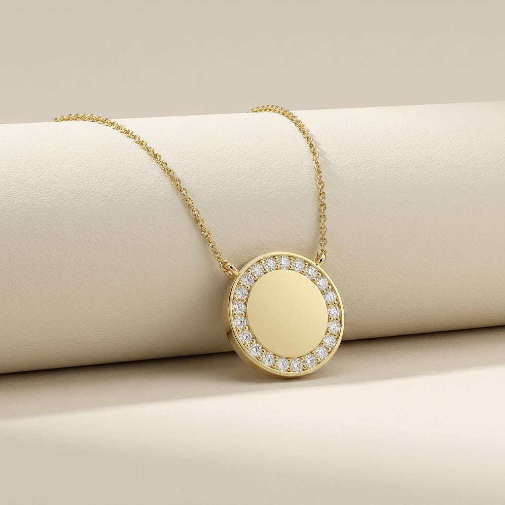 Round Diamond Halo Disc 14K Solid Gold Pendant Necklace