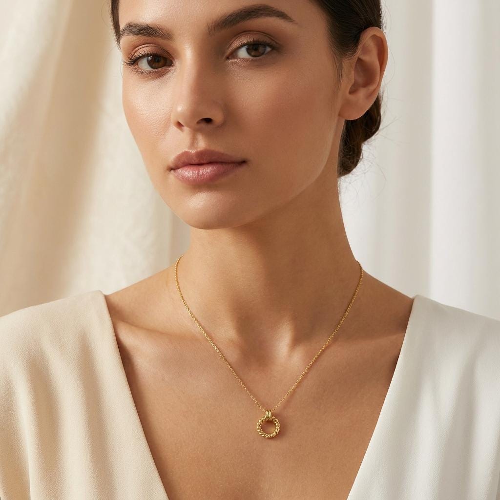 Twisted Love Knot Rope Circle 14K Solid Gold Pendant Necklace