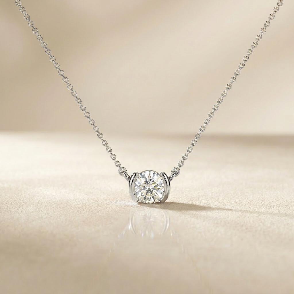 Round Brilliant Cut Diamond Solitaire Dainty Half Bezel 14K Solid Gold Pendant Necklace