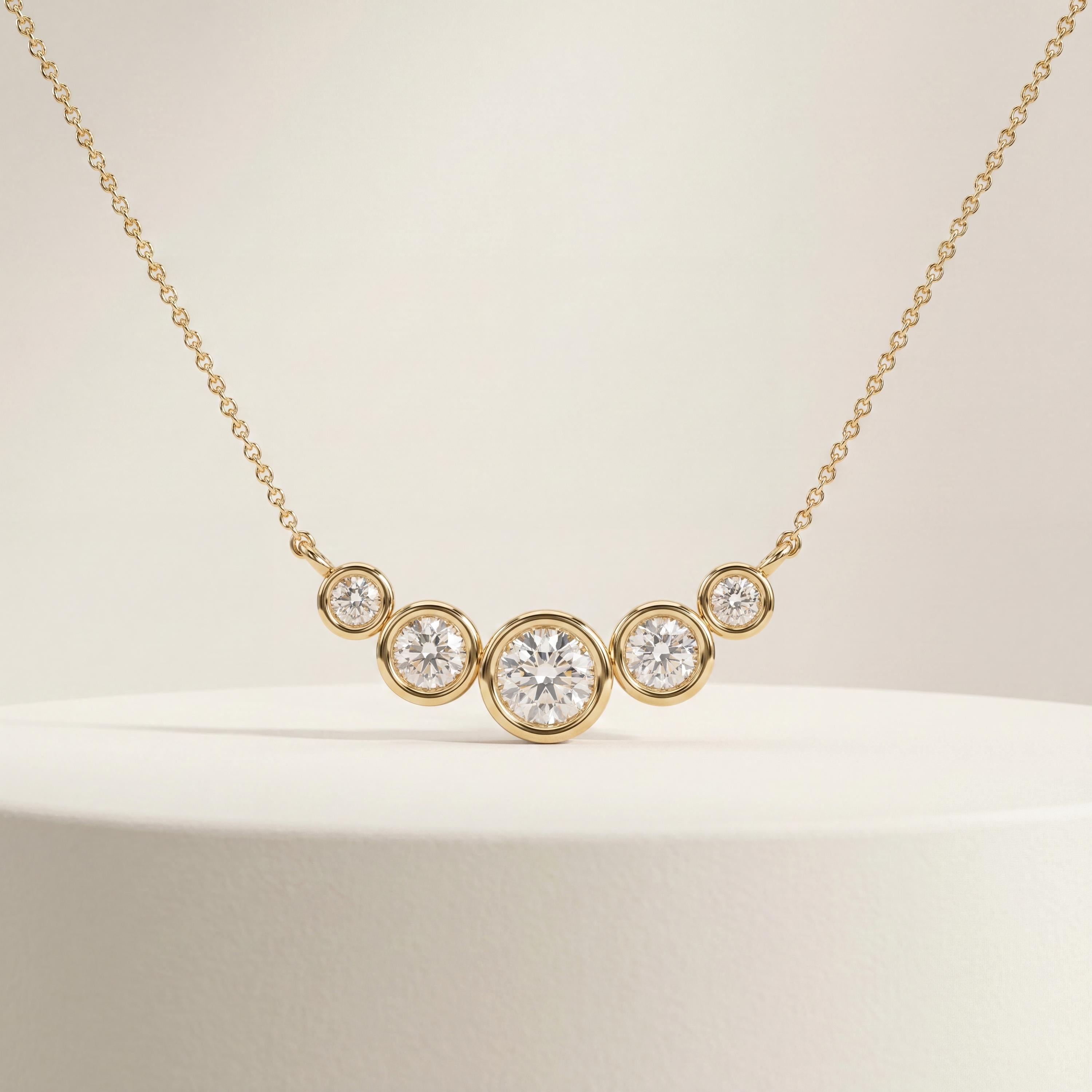 Round Diamond Five Stone Graduated Bezel Necklace 14K Solid Gold Pendant