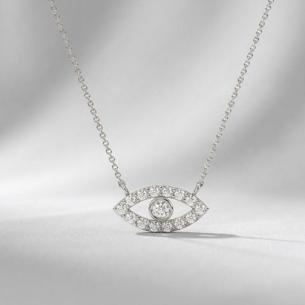 Diamond Dainty Evil Eye 14K Solid Gold Pendant Necklace